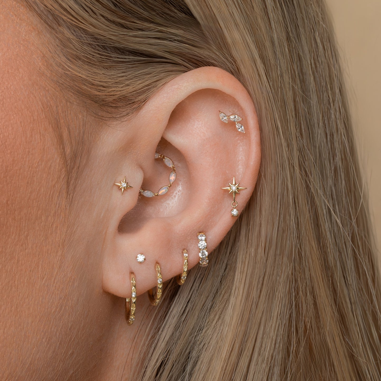 astrid miyu maria tash 9k solid yellow gold 8mm white opal marquise daith or septum clicker hoop Huggies and Hoops Laura Bond