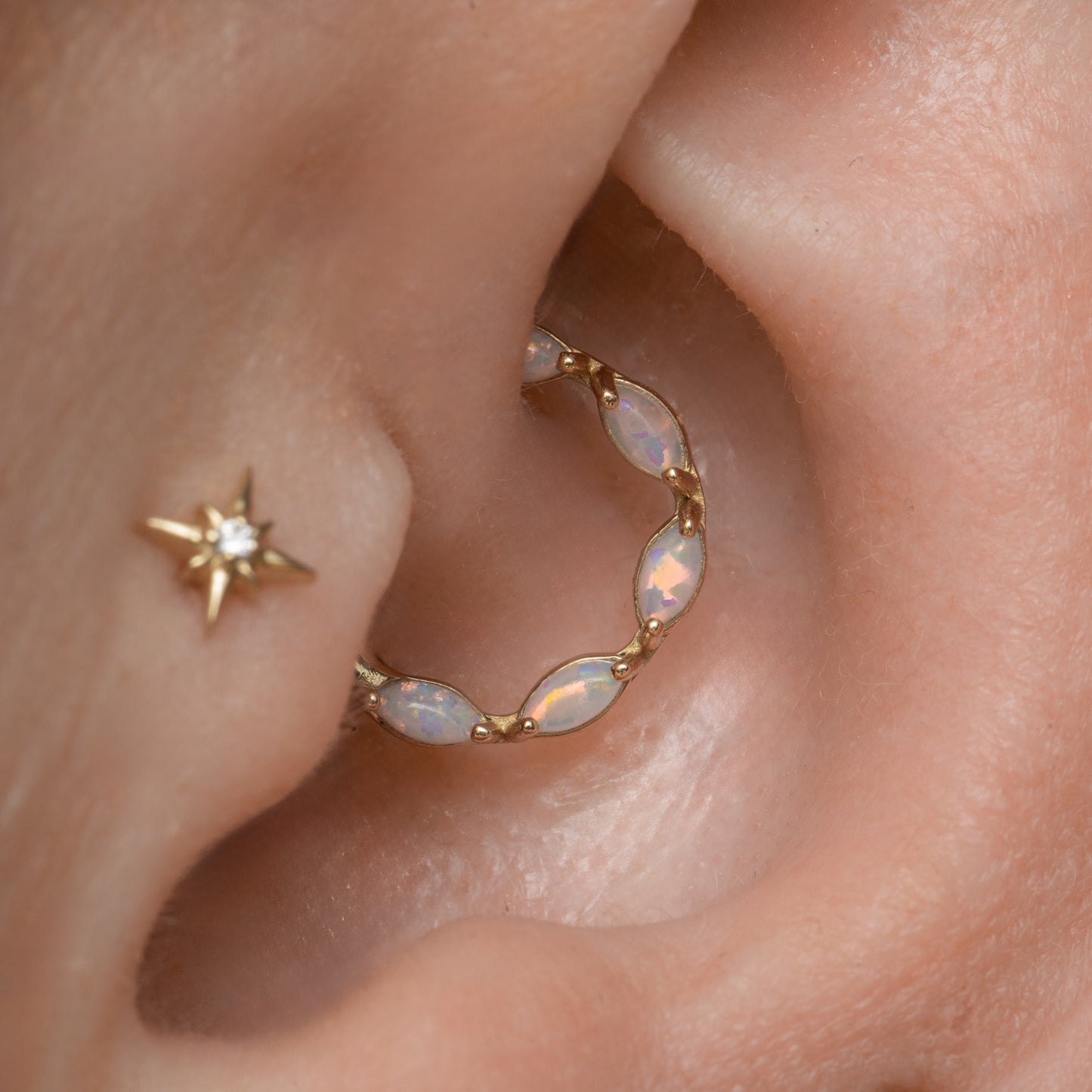 astrid miyu maria tash 9k solid yellow gold 8mm white opal marquise daith or septum clicker hoop Huggies and Hoops Laura Bond