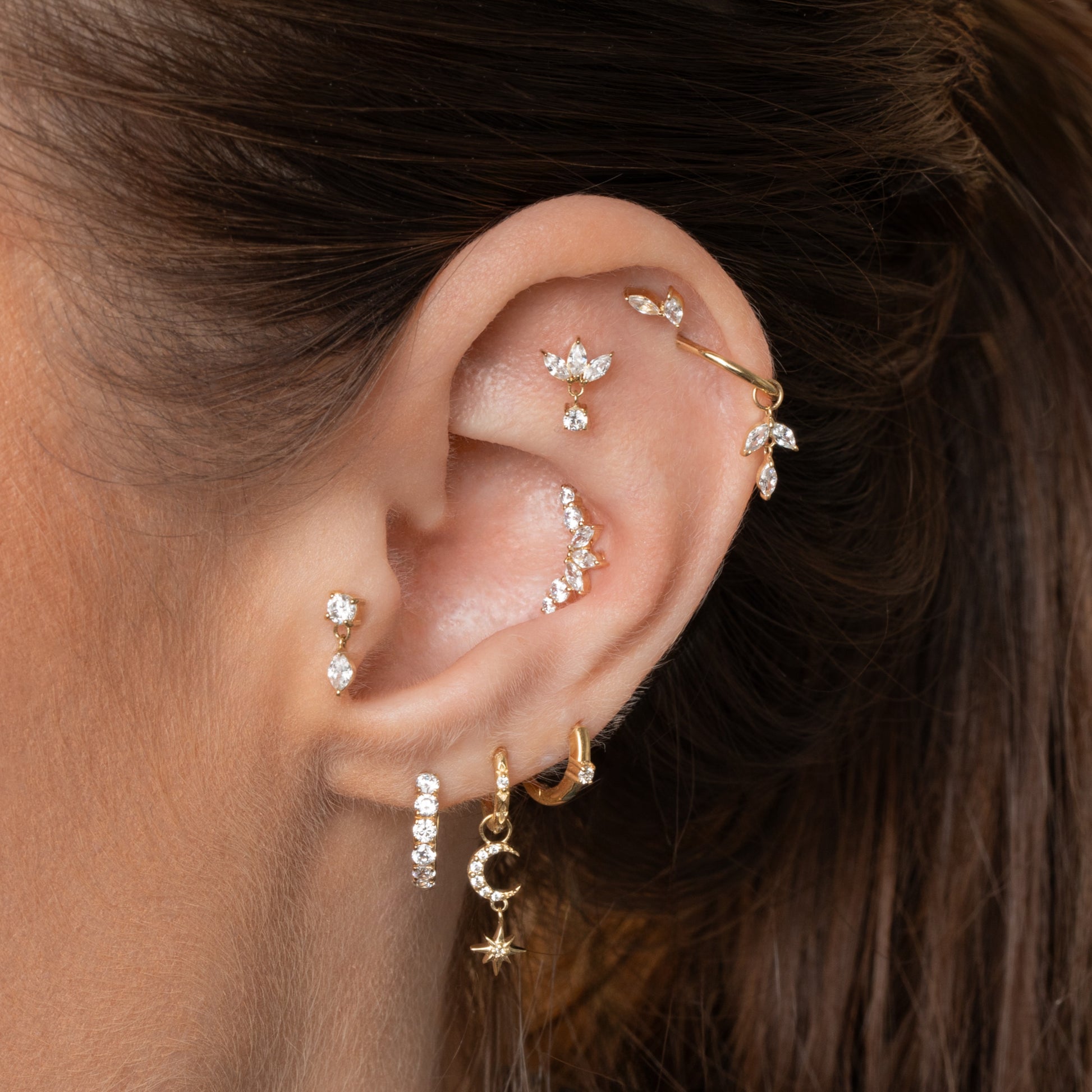 Laura Bond Jewellery 14k solid yellow gold Crystal Moon Drop flat back labret stud earring 8mm Cartilage Studs