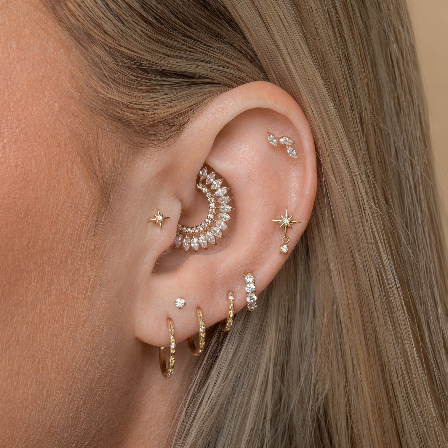 Laura Bond Jewellery 9k solid yellow gold cascade flat back labret stud earring Cartilage Studs