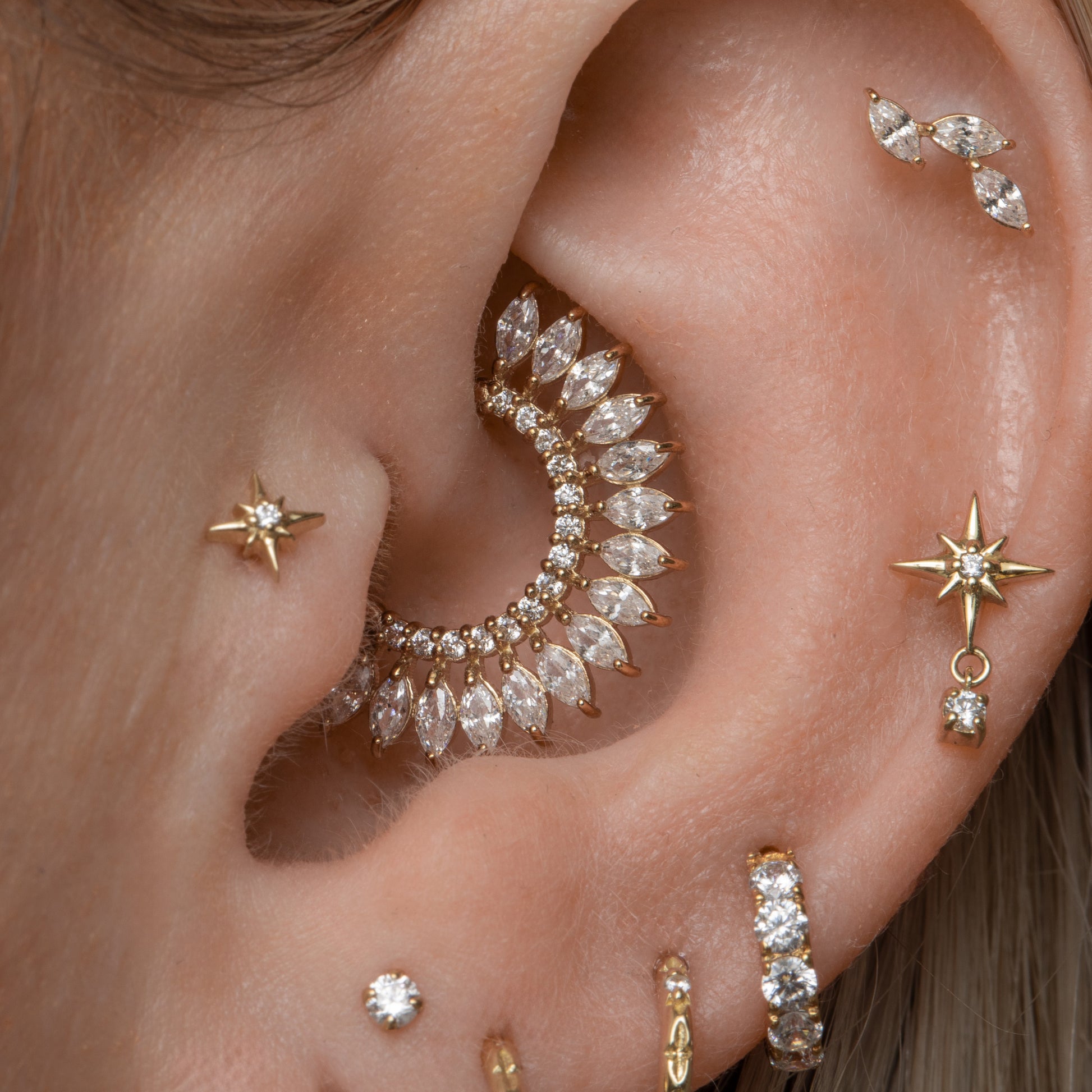 Laura Bond Jewellery 9k solid yellow gold marquise Sun Blast 8mm 16g daith hoop Huggies and Hoops