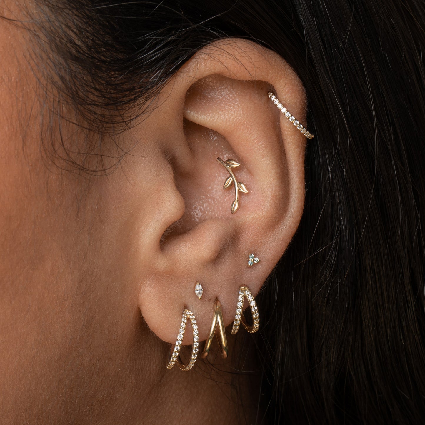 Laura Bond Jewellery 9k solid yellow gold aqua tiny trio flat back labret stud earring Cartilage Studs