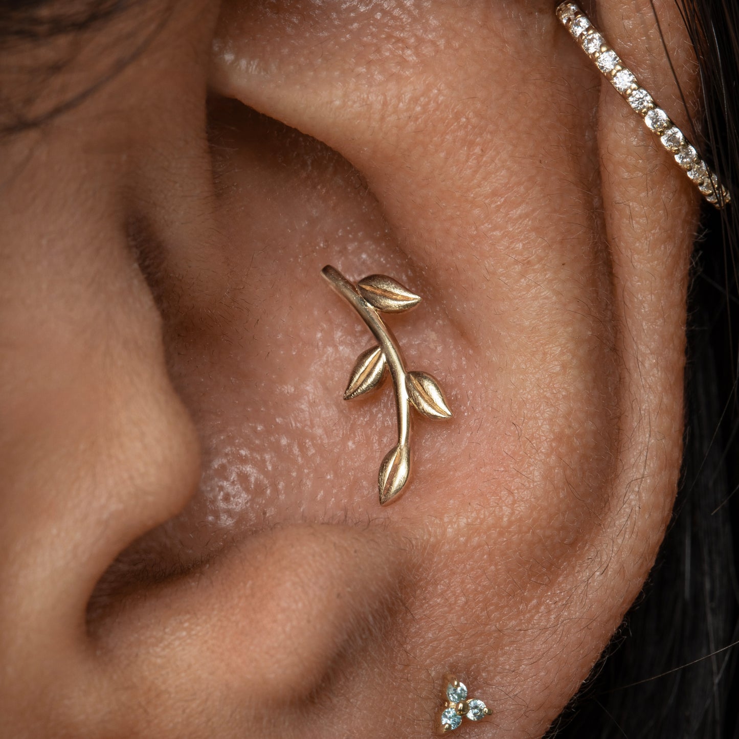 9k solid yellow gold textured vine garland flat back labret stud earring 6mm Cartilage Studs Laura Bond Jewellery