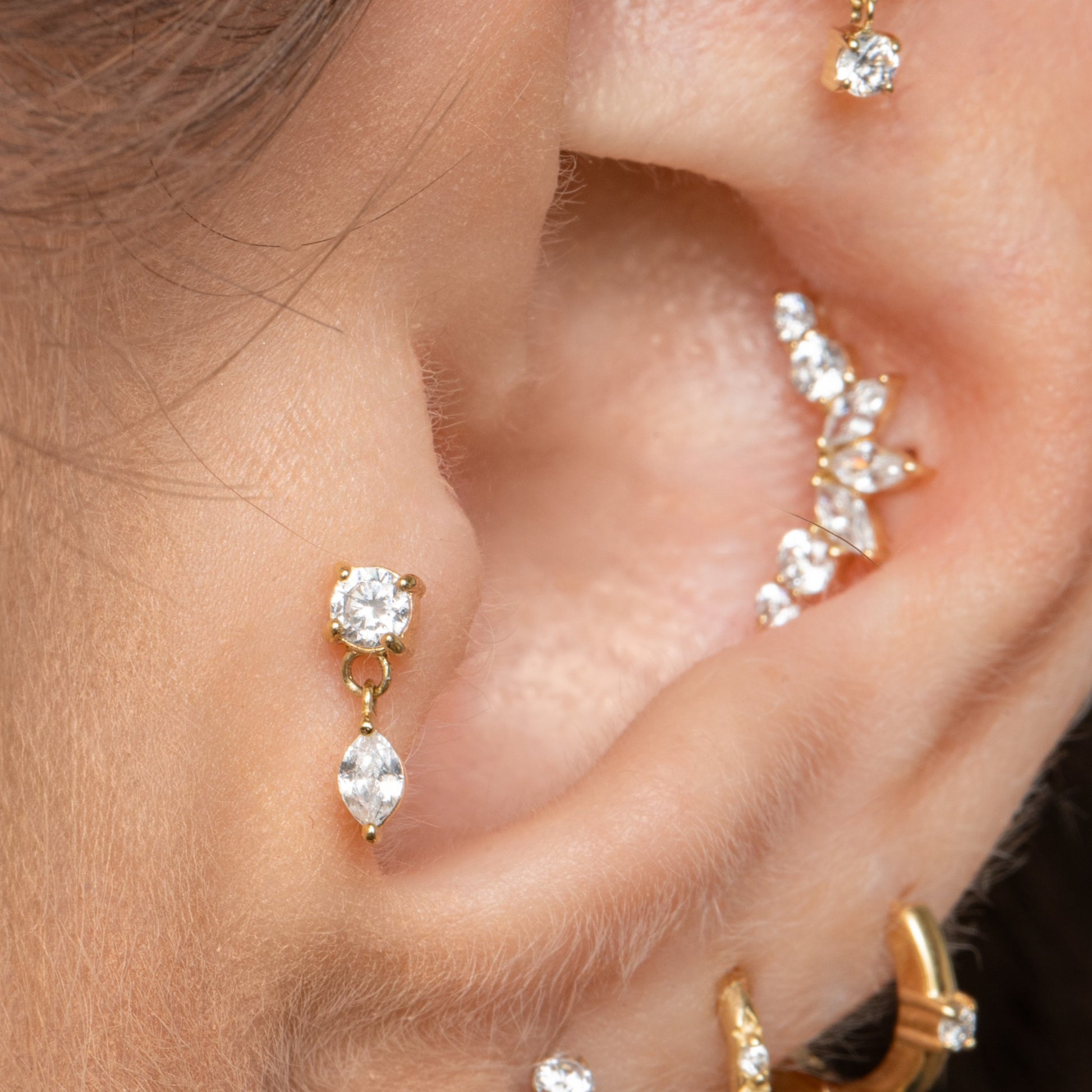 Laura Bond Jewellery 14k solid yellow gold Crystal Moon Drop flat back labret stud earring 8mm Cartilage Studs