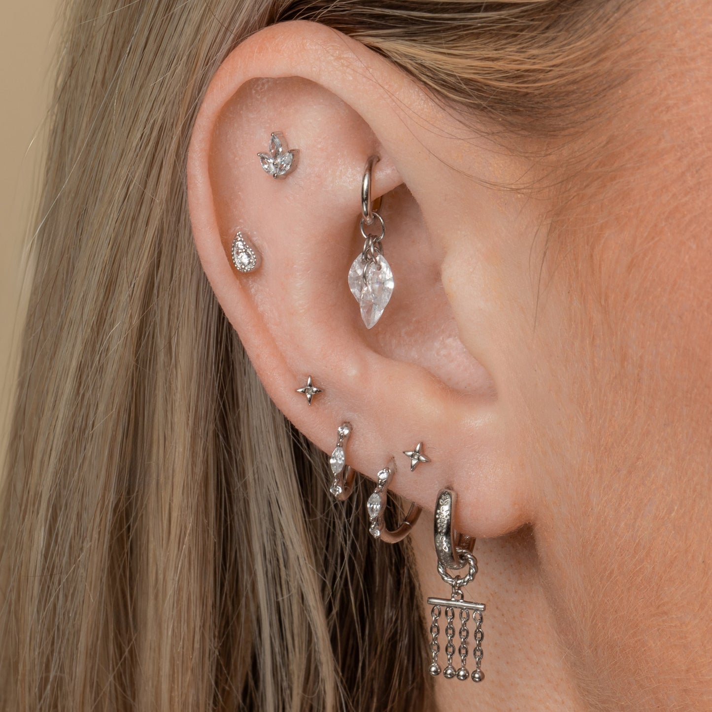 Laura Bond Jewellery Bold and Gold Edinburgh 9k solid white gold 6mm 18g clicker hoop earring with Lumi charm Huggies and Hoops