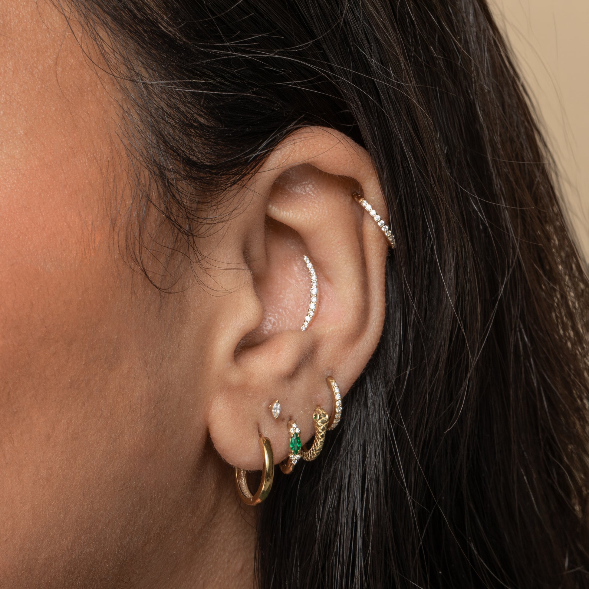 Laura Bond Jewellery 9k solid yellow gold Aurora curved flat back labret stud earring Cartilage Studs