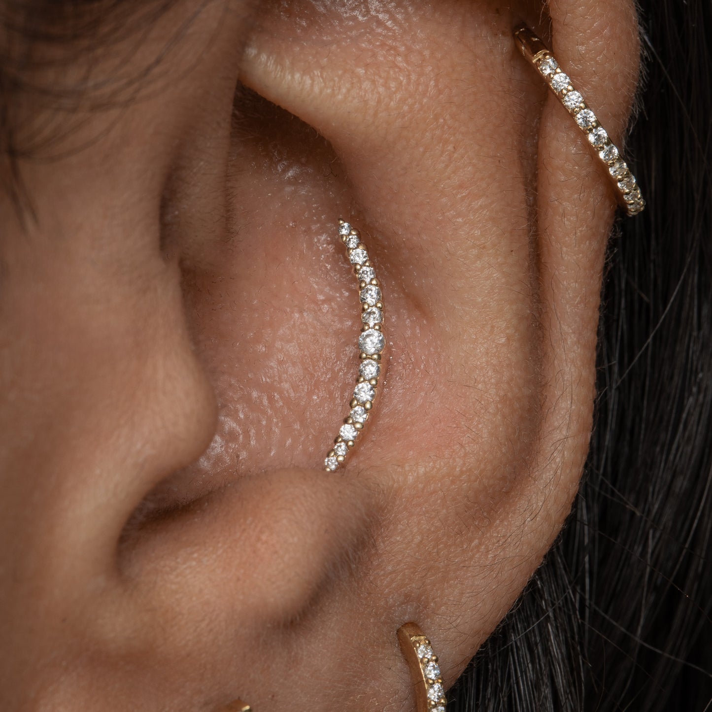 Laura Bond Jewellery 9k solid yellow gold Aurora curved flat back labret stud earring Cartilage Studs