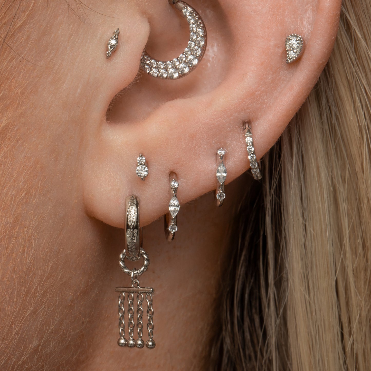Laura Bond Jewellery 9k solid white gold Luna marquise clicker hoop earring Huggies and Hoops