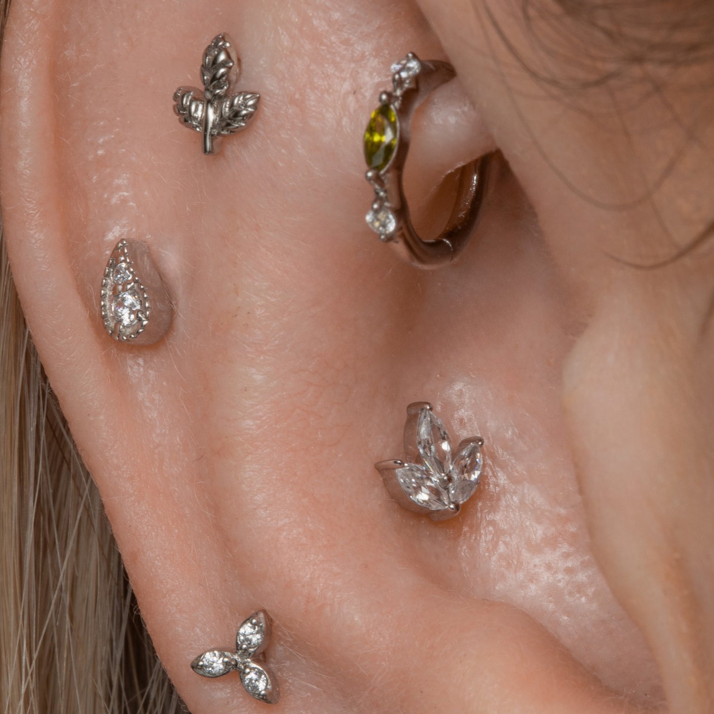 14k solid white gold Petal flat back labret stud earring 8mm Cartilage Studs Laura Bond Jewellery