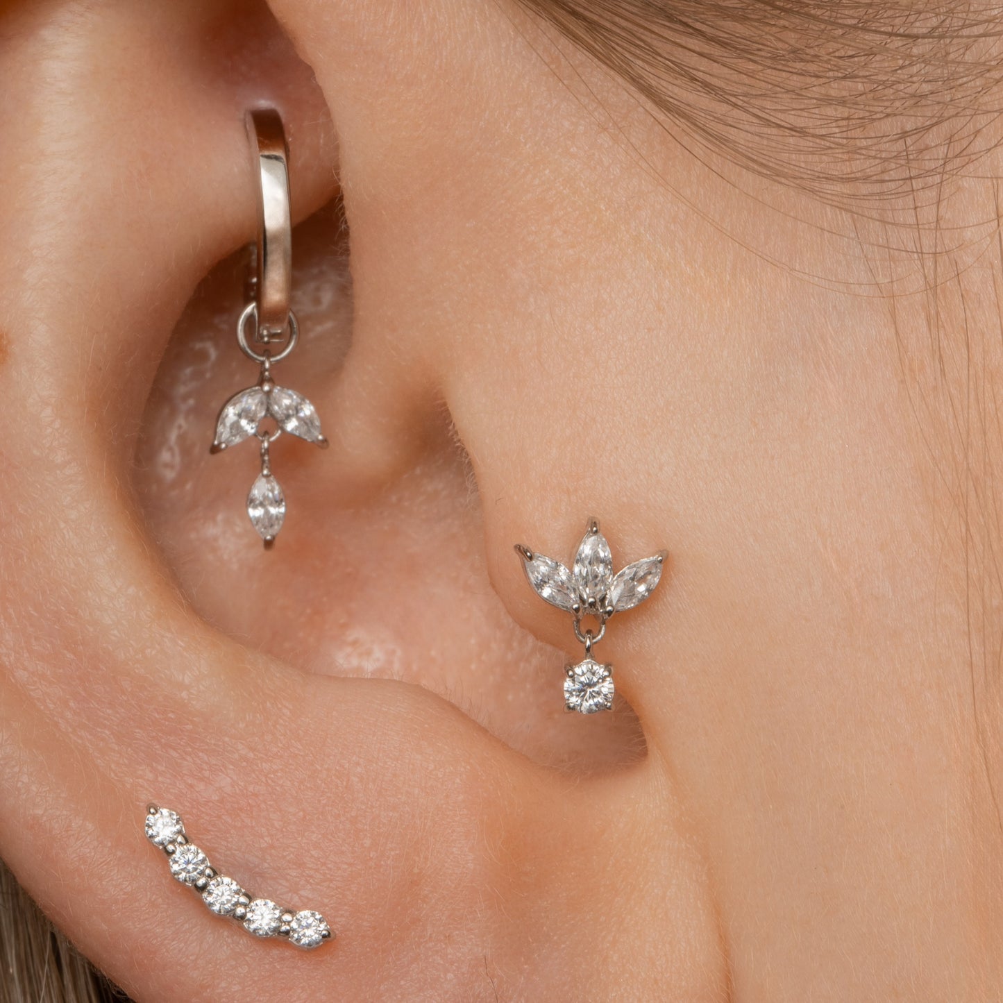Laura Bond Jewellery 9k solid white gold Lotus drop flat back labret stud earring 6mm Cartilage Studs