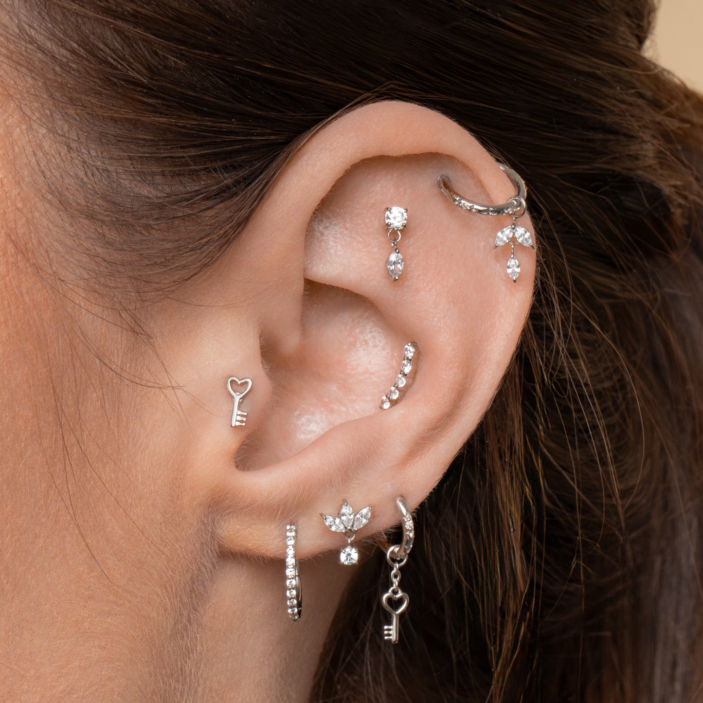 Laura Bond Jewellery 14k solid white gold Crystal Moon Drop flat back labret stud earring 8mm Cartilage Studs