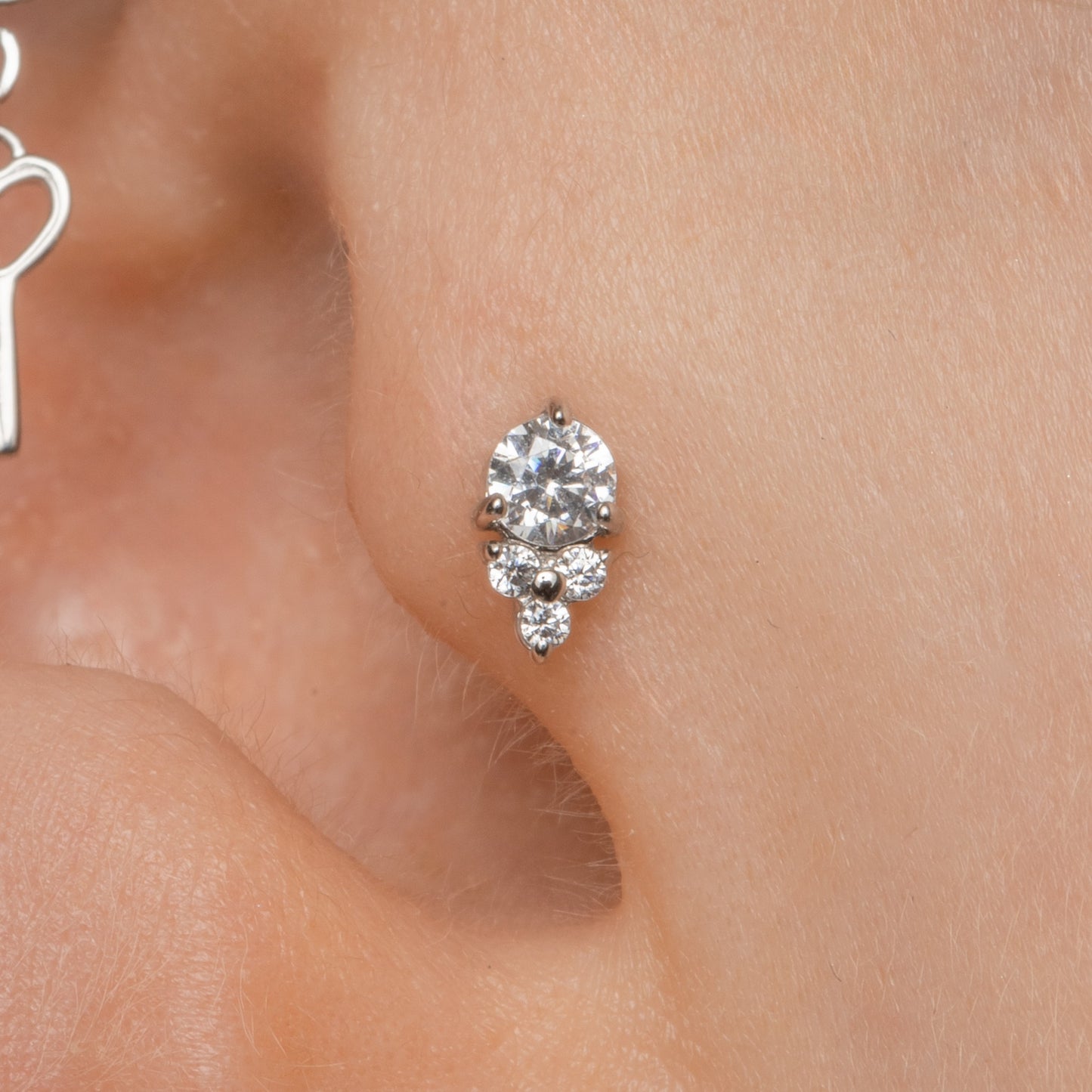 Laura Bond Jewellery 9k solid white gold Trio Glow flat back labret stud earring 6mm Cartilage Studs