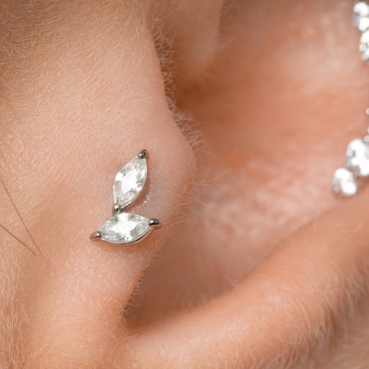 Laura Bond Jewellery 9k solid white gold Twin Bloom flat back labret stud earring 6mm Cartilage Studs