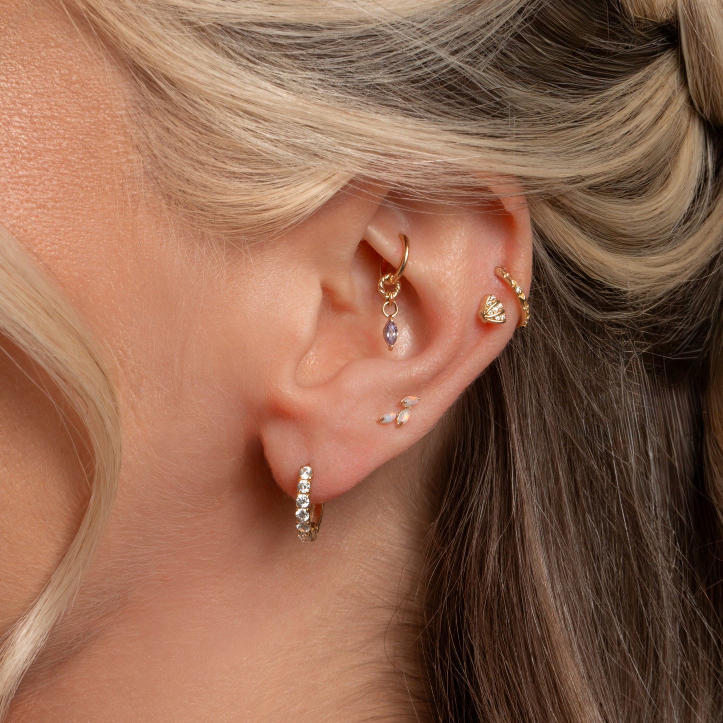 Laura Bond Jewellery Bold and Gold Edinburgh 14k solid yellow gold opal cascade flat back labret stud earring Cartilage Studs