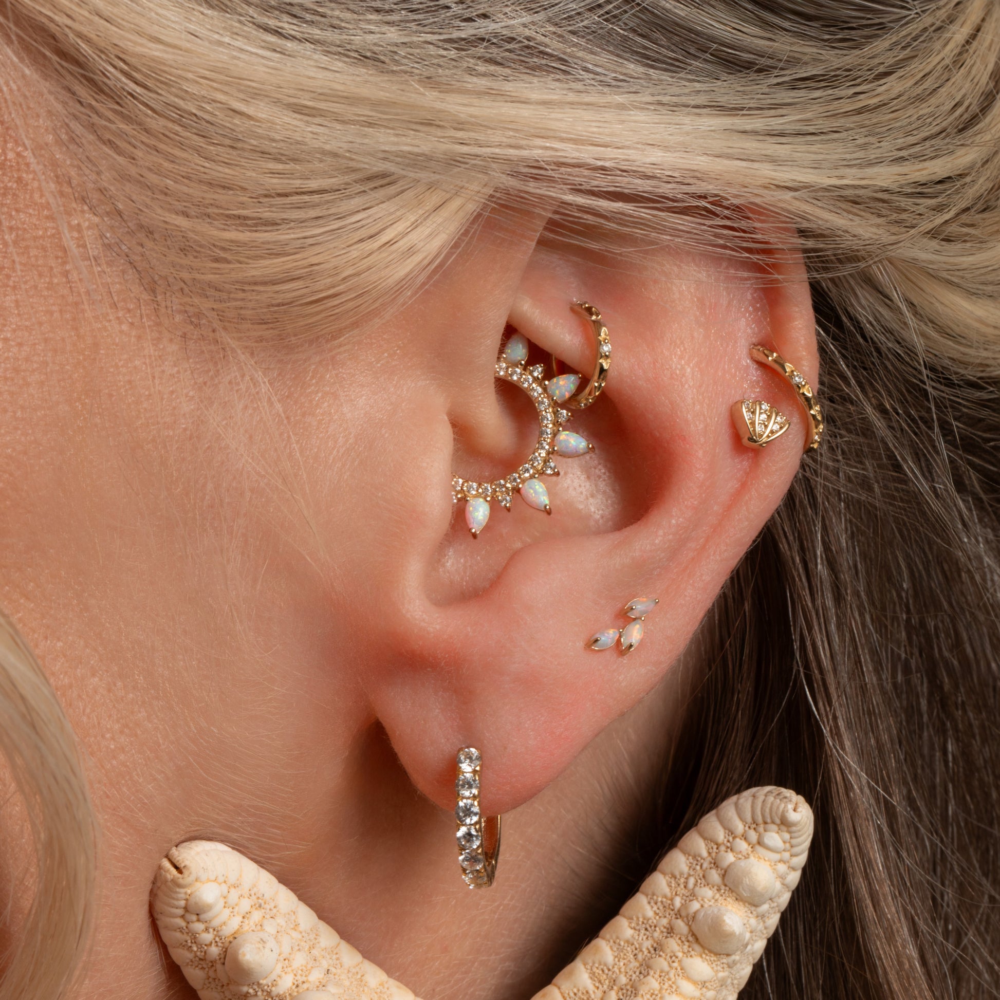 Laura Bond Jewellery Bold and Gold Edinburgh 9k solid yellow gold opal cascade flat back labret stud earring Cartilage Studs