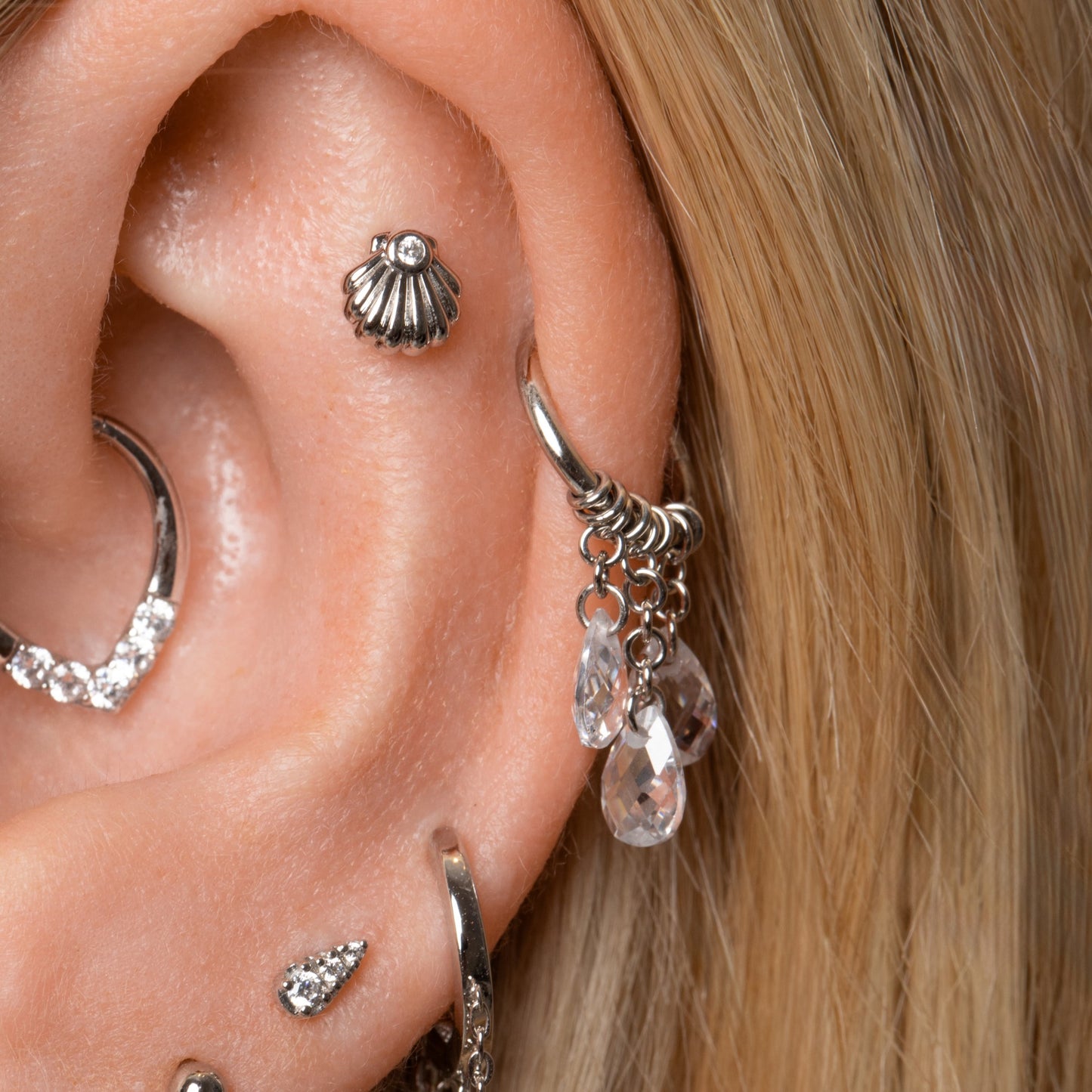 Laura Bond Jewellery 14k solid white gold Clam Shell flat back labret stud earring Cartilage Studs