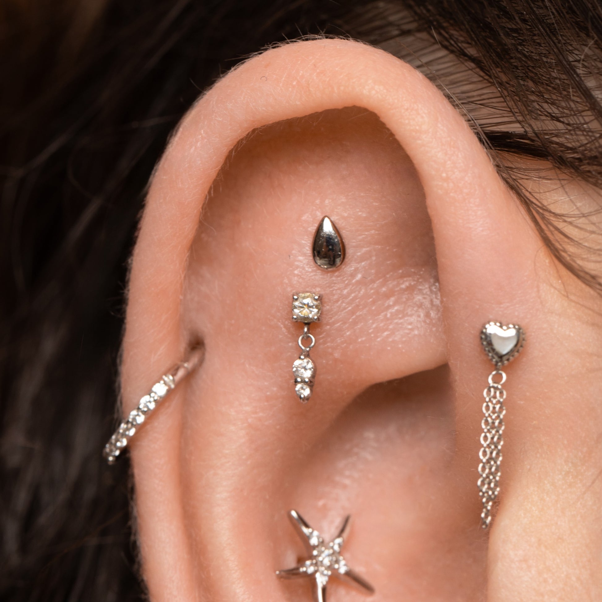 Laura Bond Jewellery 9k solid white gold Drops of Jupiter flat back labret stud earring Cartilage Studs