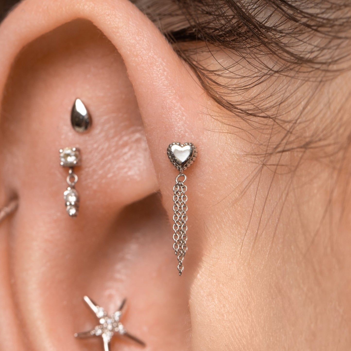 Laura Bond Jewellery 14k solid white gold Mother of Pearl chain flat back labret stud earring Cartilage Studs