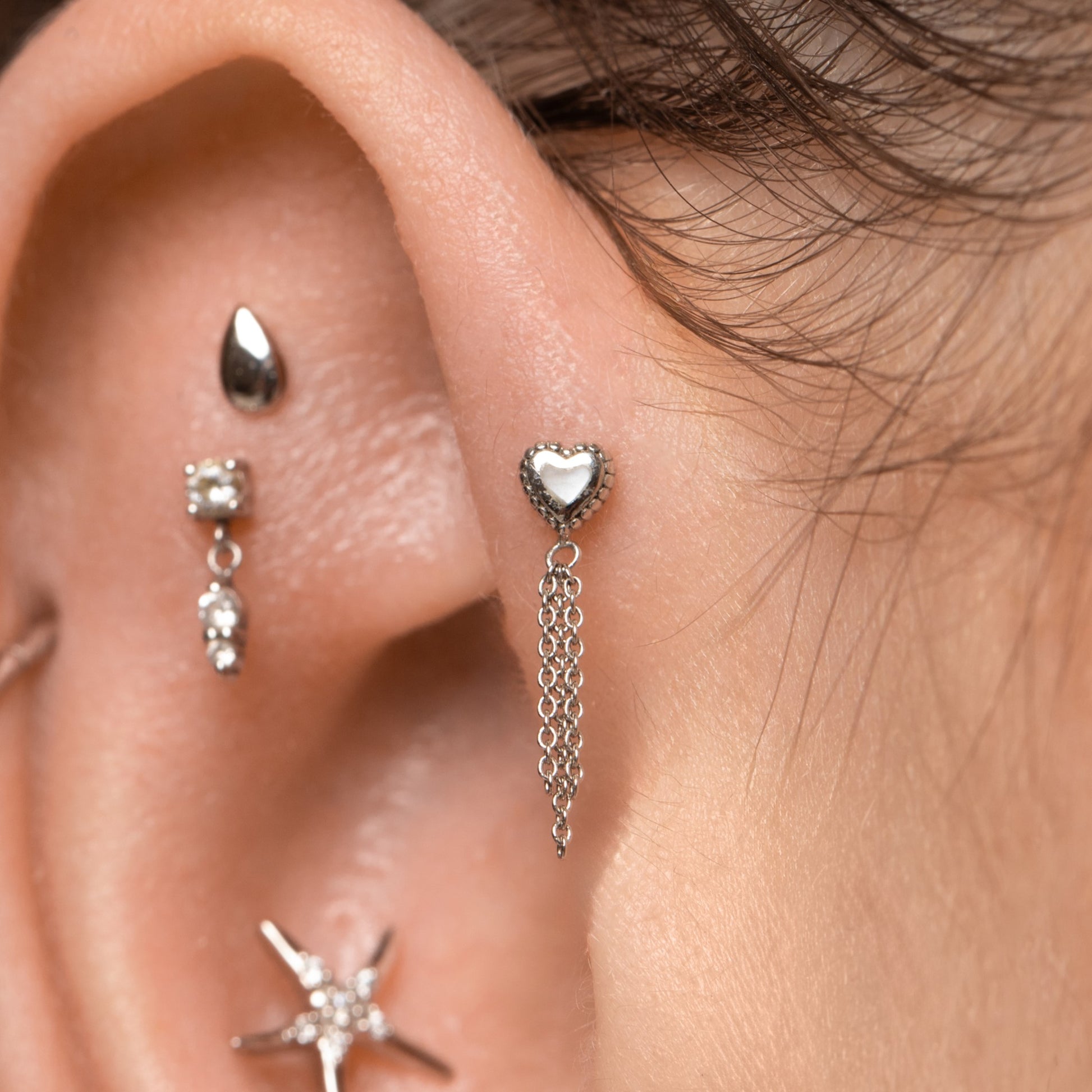 Laura Bond Jewellery 14k solid white gold Mother of Pearl chain flat back labret stud earring Cartilage Studs