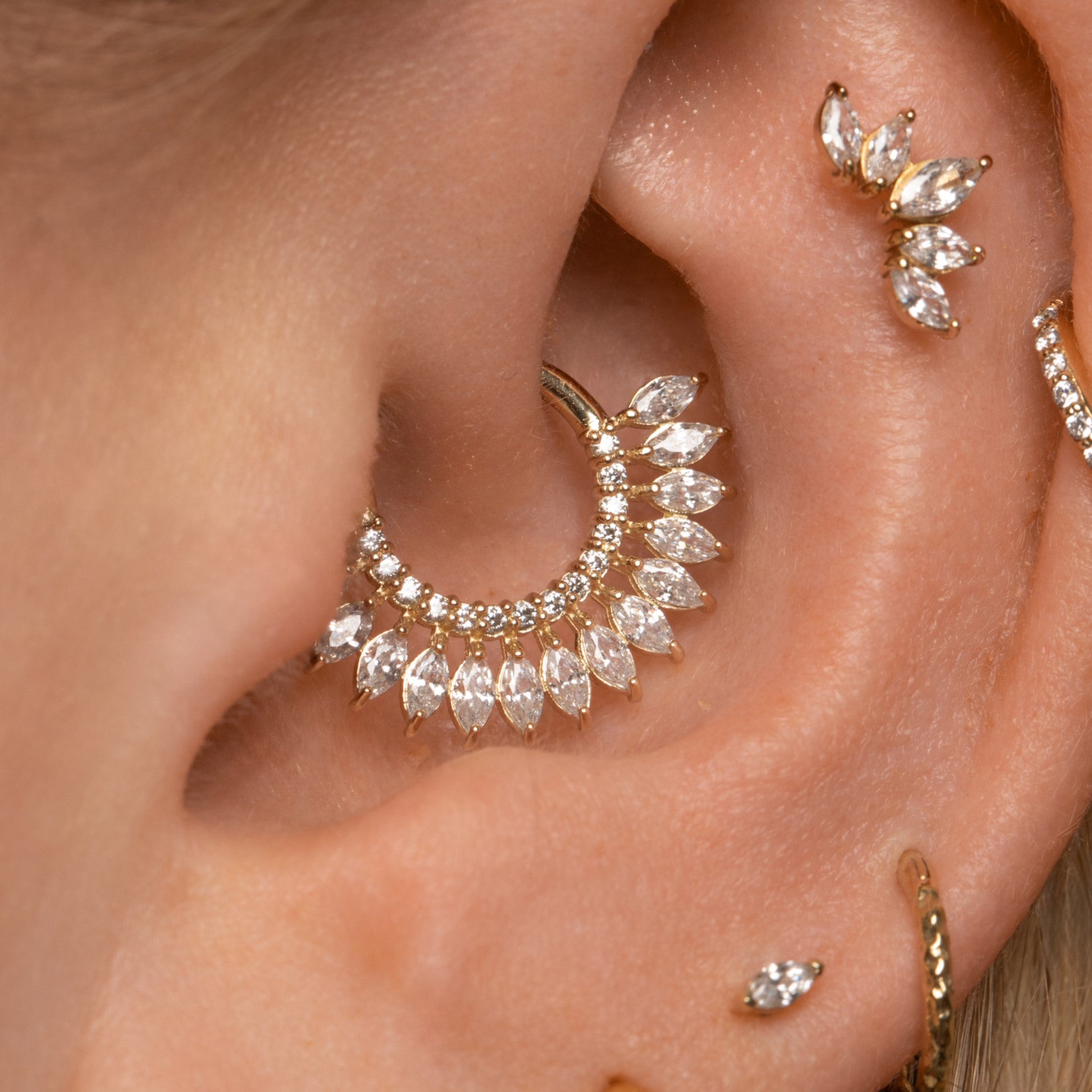 9k solid yellow gold marquise Sun Blast 8mm 16g daith hoop Huggies and Hoops Laura Bond Jewellery