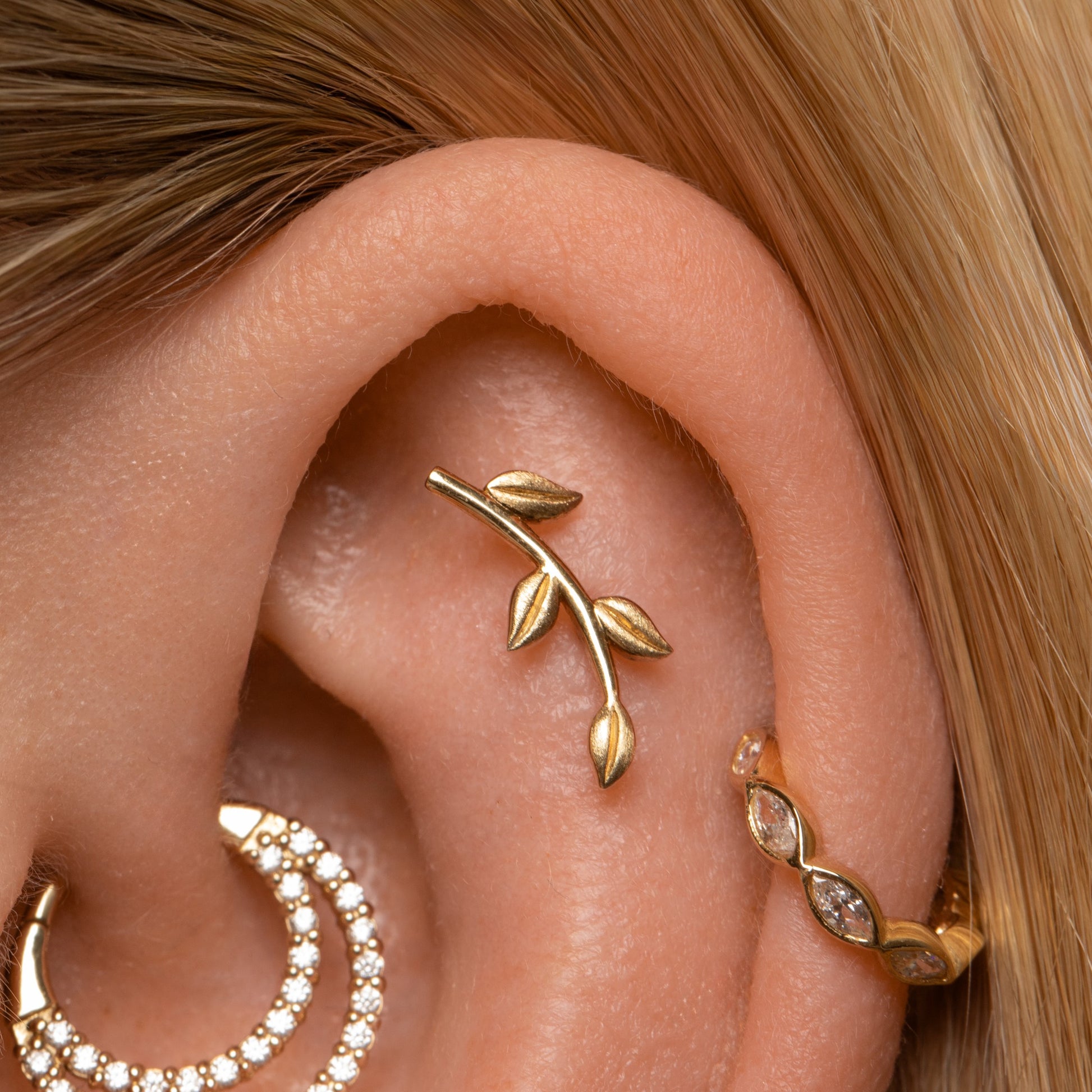 Laura Bond Jewellery Bold and Gold Edinburgh 14k solid yellow gold textured vine garland flat back labret stud earring 8mm Cartilage Studs