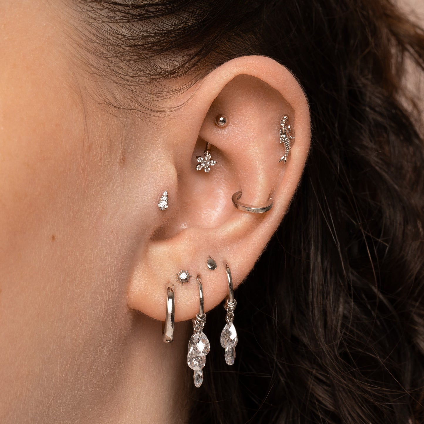 Laura Bond Jewellery Bold and Gold Edinburgh 9k solid white gold mermaid flat back labret stud earring 6mm (left) Cartilage Studs