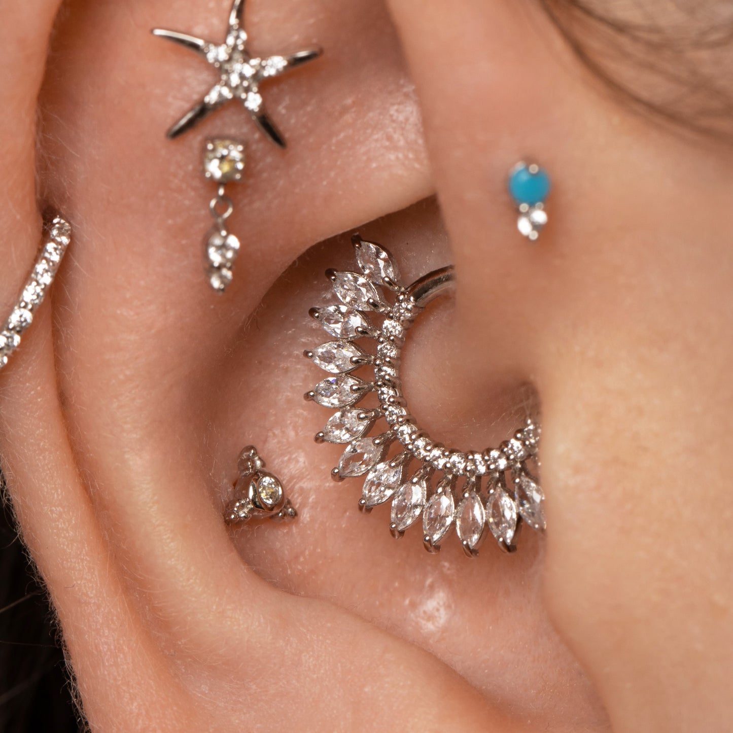 Laura Bond Jewellery 9k solid white gold marquise Sun Blast 8mm 16g daith hoop Huggies and Hoops