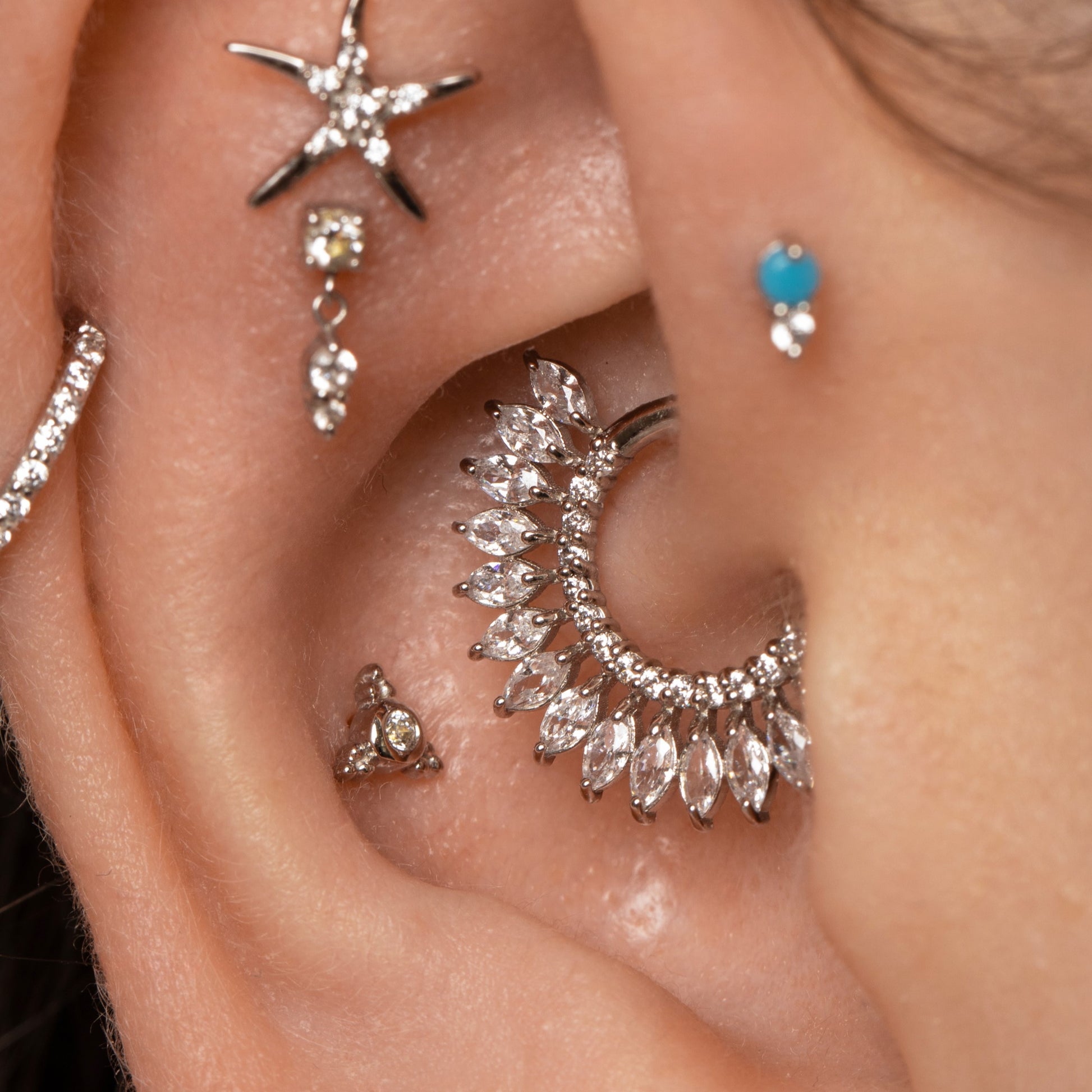 Laura Bond Jewellery 9k solid white gold marquise Sun Blast 8mm 16g daith hoop Huggies and Hoops
