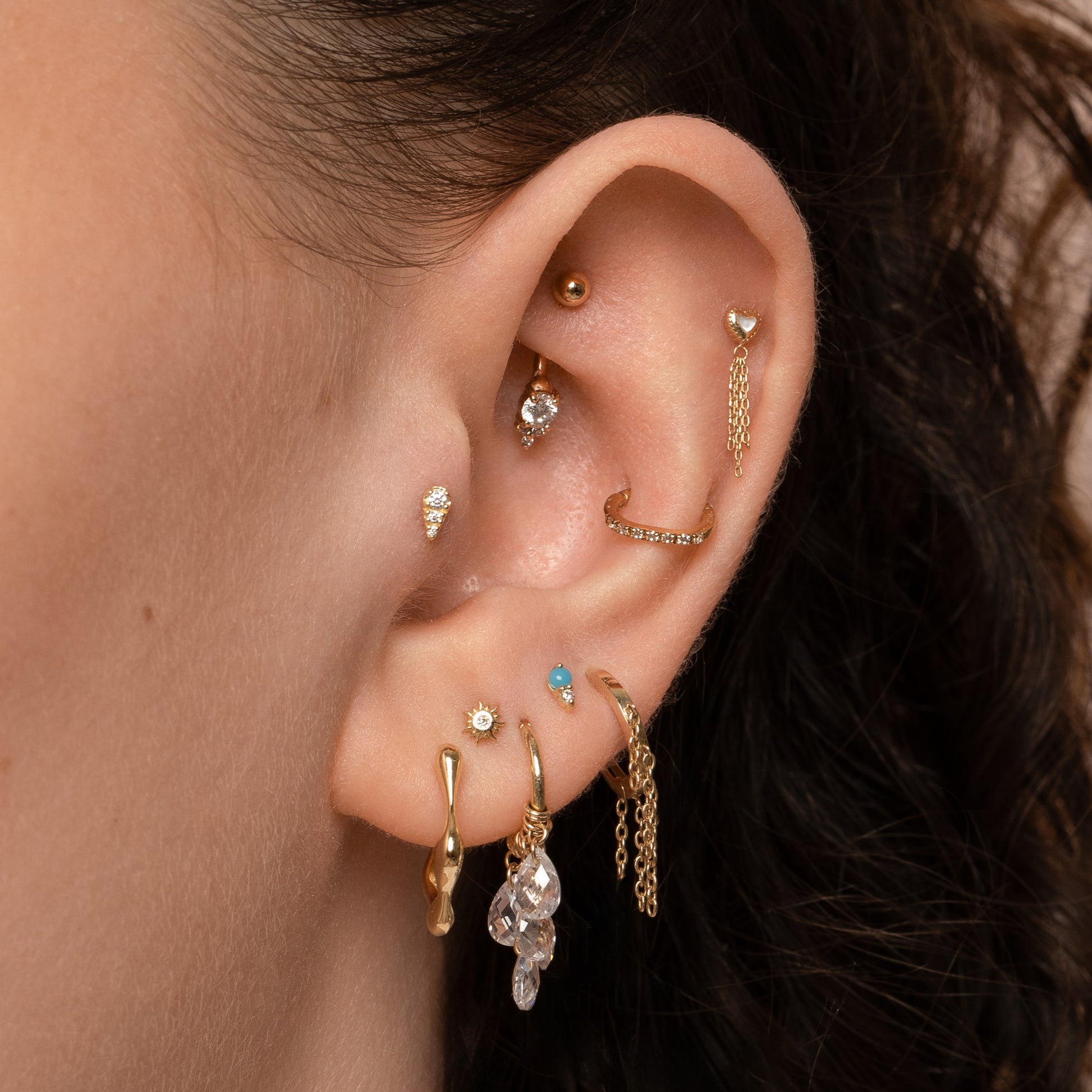 Laura Bond Jewellery 9k solid yellow gold Pure Shores 5 crystal charm clicker hoop earring 8mm Huggies and Hoops