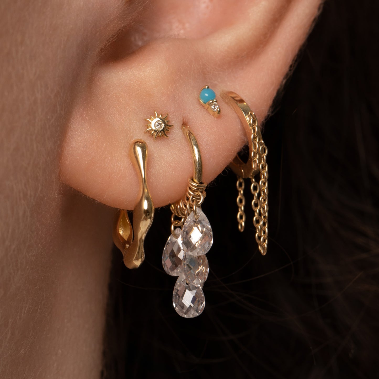 Laura Bond Jewellery 9k solid yellow gold Pure Shores 5 crystal charm clicker hoop earring 8mm Huggies and Hoops