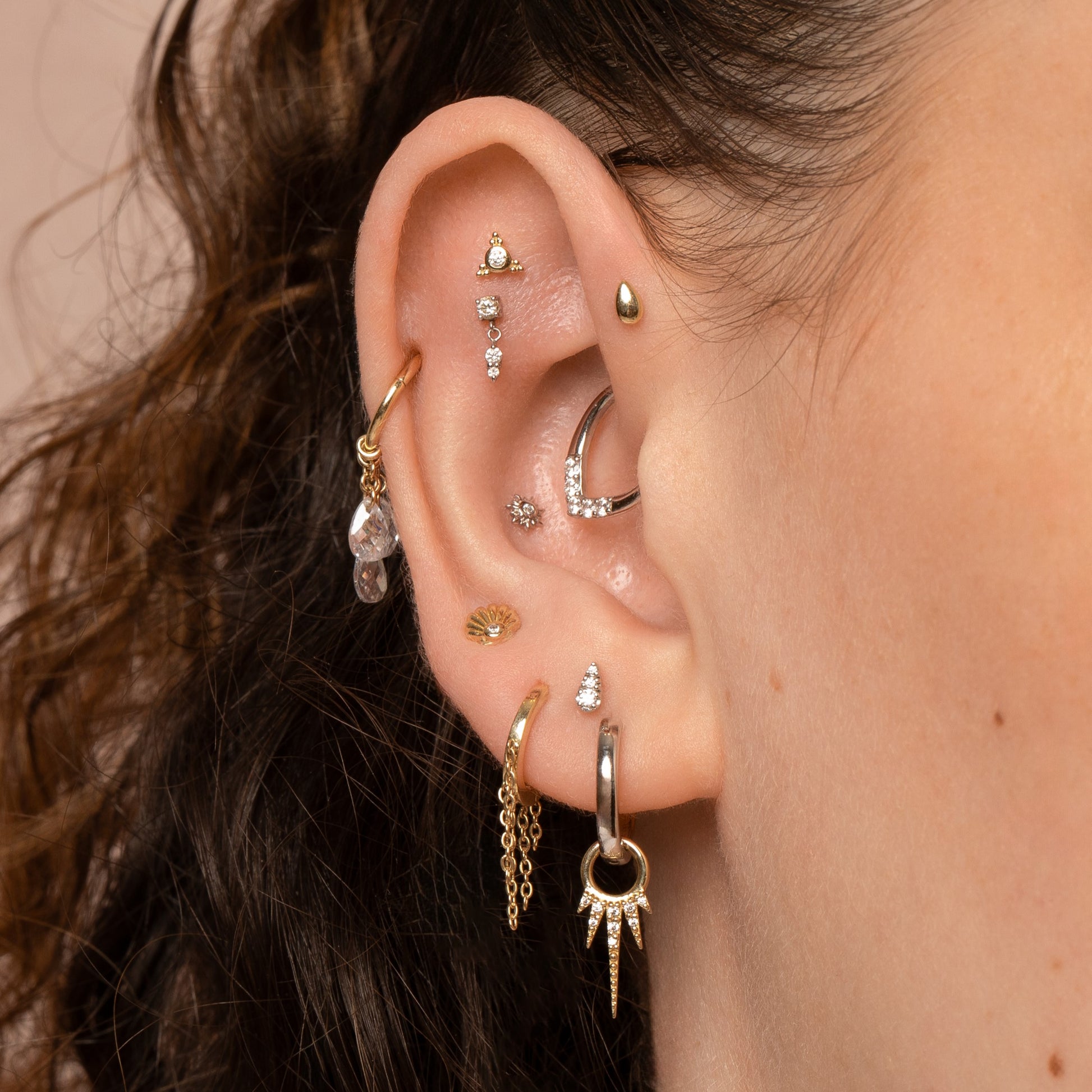 9k solid yellow gold Pure Shores 3 crystal charm clicker hoop earring 8mm Huggies and Hoops Laura Bond Jewellery