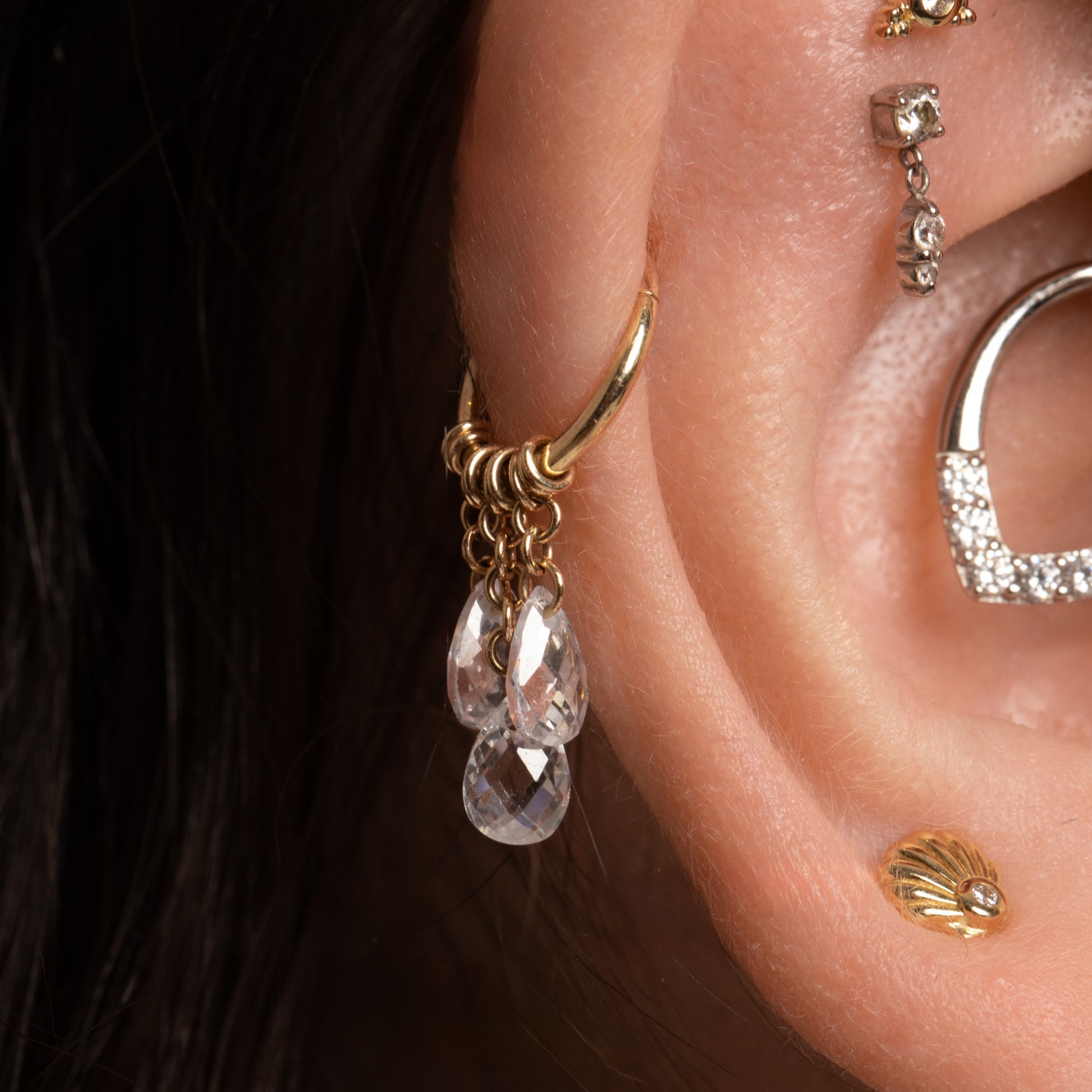 9k solid yellow gold Pure Shores 3 crystal charm clicker hoop earring 8mm Huggies and Hoops Laura Bond Jewellery
