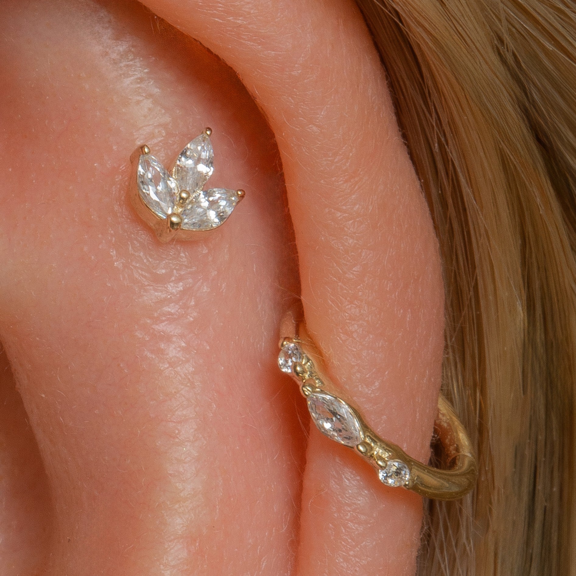 14k solid yellow gold Petal flat back labret stud earring 8mm Cartilage Studs Laura Bond Jewellery