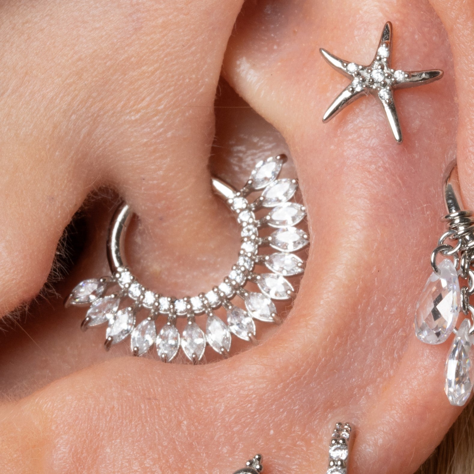 Laura Bond Jewellery 9k solid white gold marquise Sun Blast 8mm 16g daith hoop Huggies and Hoops