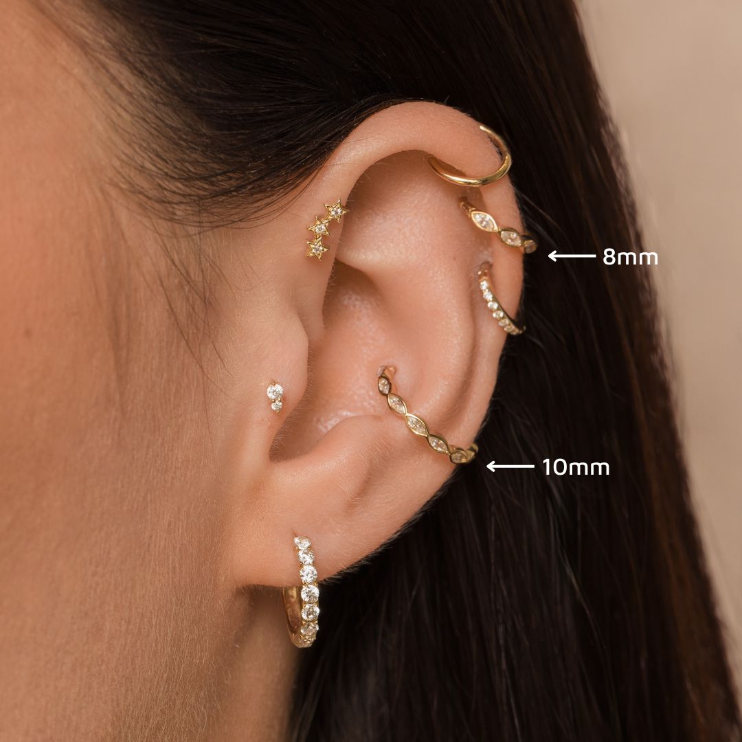 Laura Bond Jewellery Bold and Gold Edinburgh 14k solid yellow gold 16g marquise crystal clicker hoop earring Huggies and Hoops