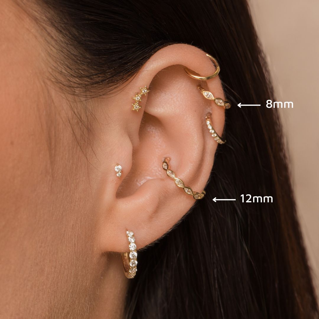 Laura Bond Jewellery 9k solid yellow gold 16g marquise crystal clicker hoop earring Huggies and Hoops