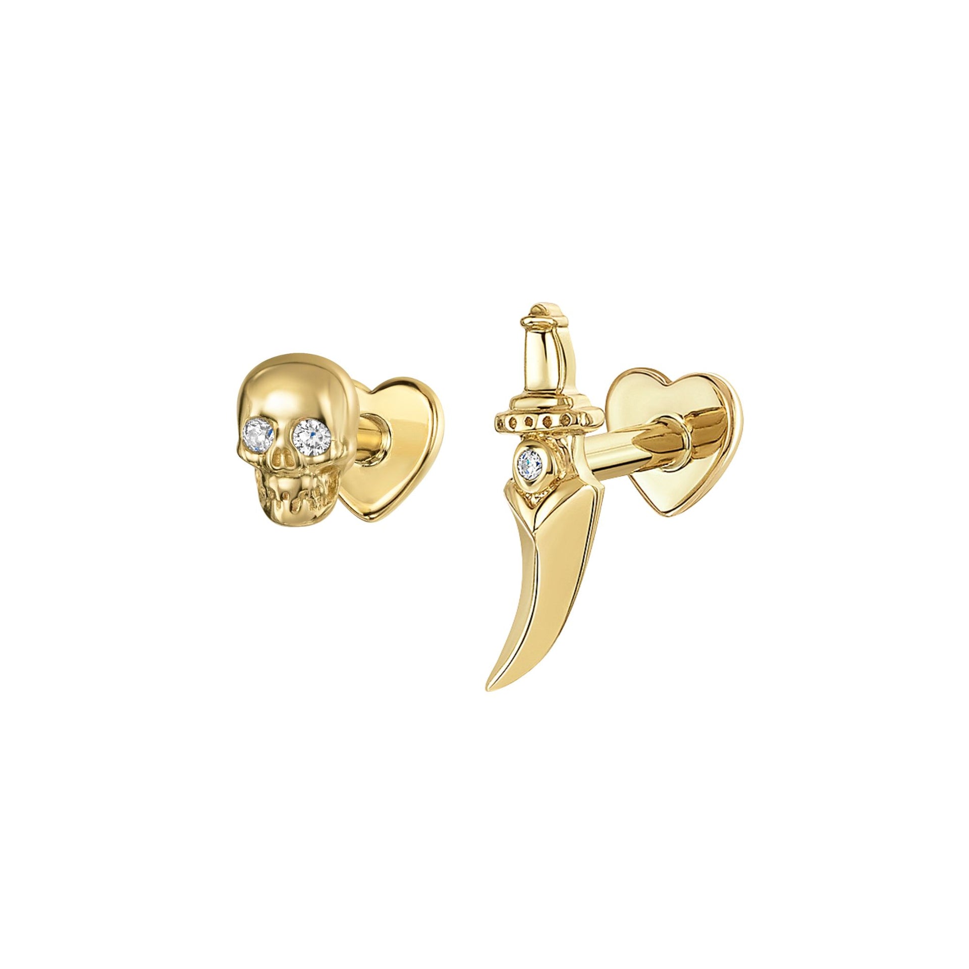 gothic stacking set 9k solid yellow gold flat back labret stud earring set
