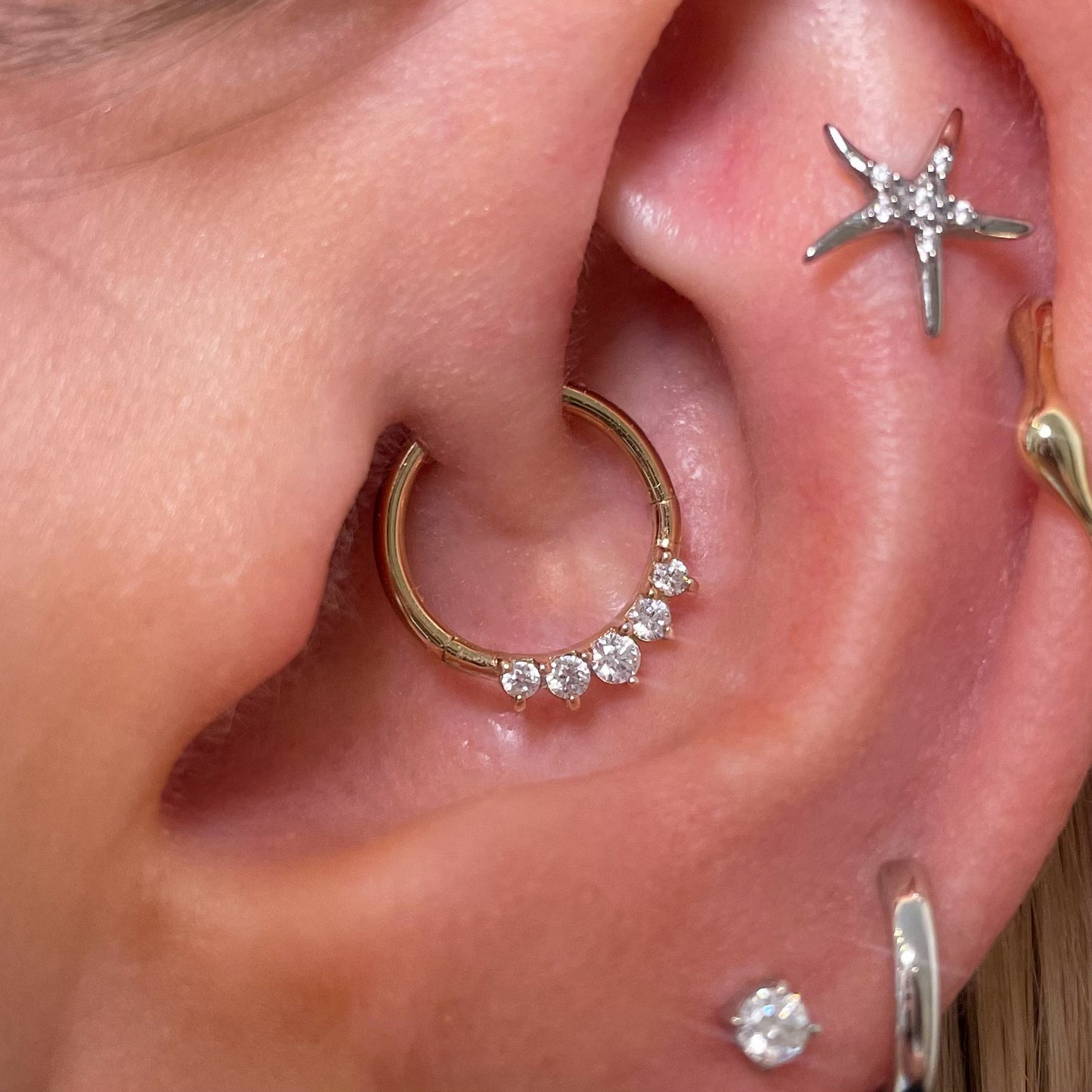 Laura Bond Jewellery 14k solid yellow gold Tiara clicker hoop for daith or septum Huggies and Hoops