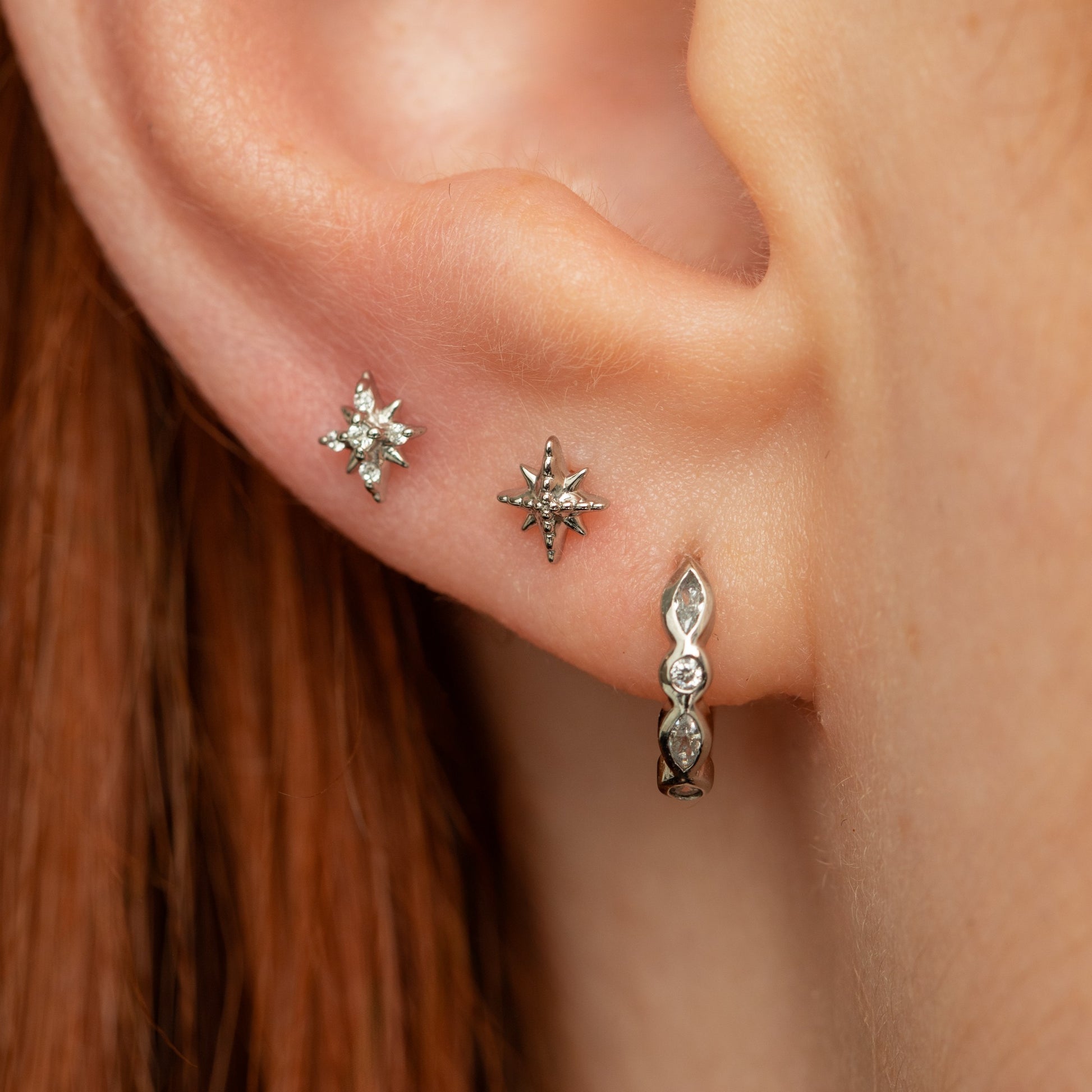 Laura Bond Jewellery 9k solid white gold beaded North Star flat back labret stud earring Cartilage Studs