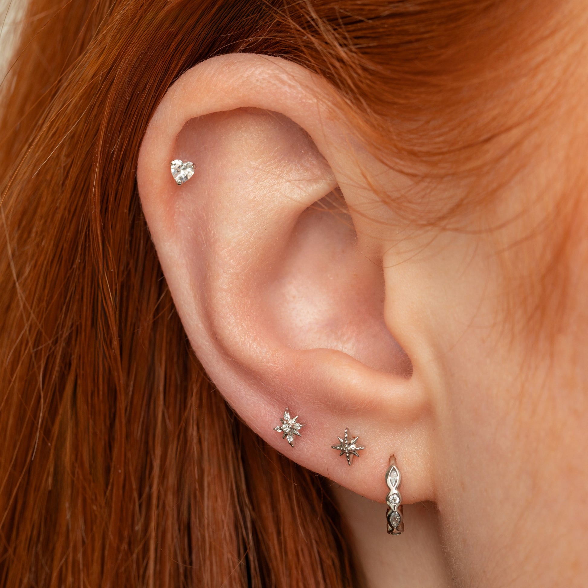 Laura Bond Jewellery 9k solid white gold beaded North Star flat back labret stud earring Cartilage Studs