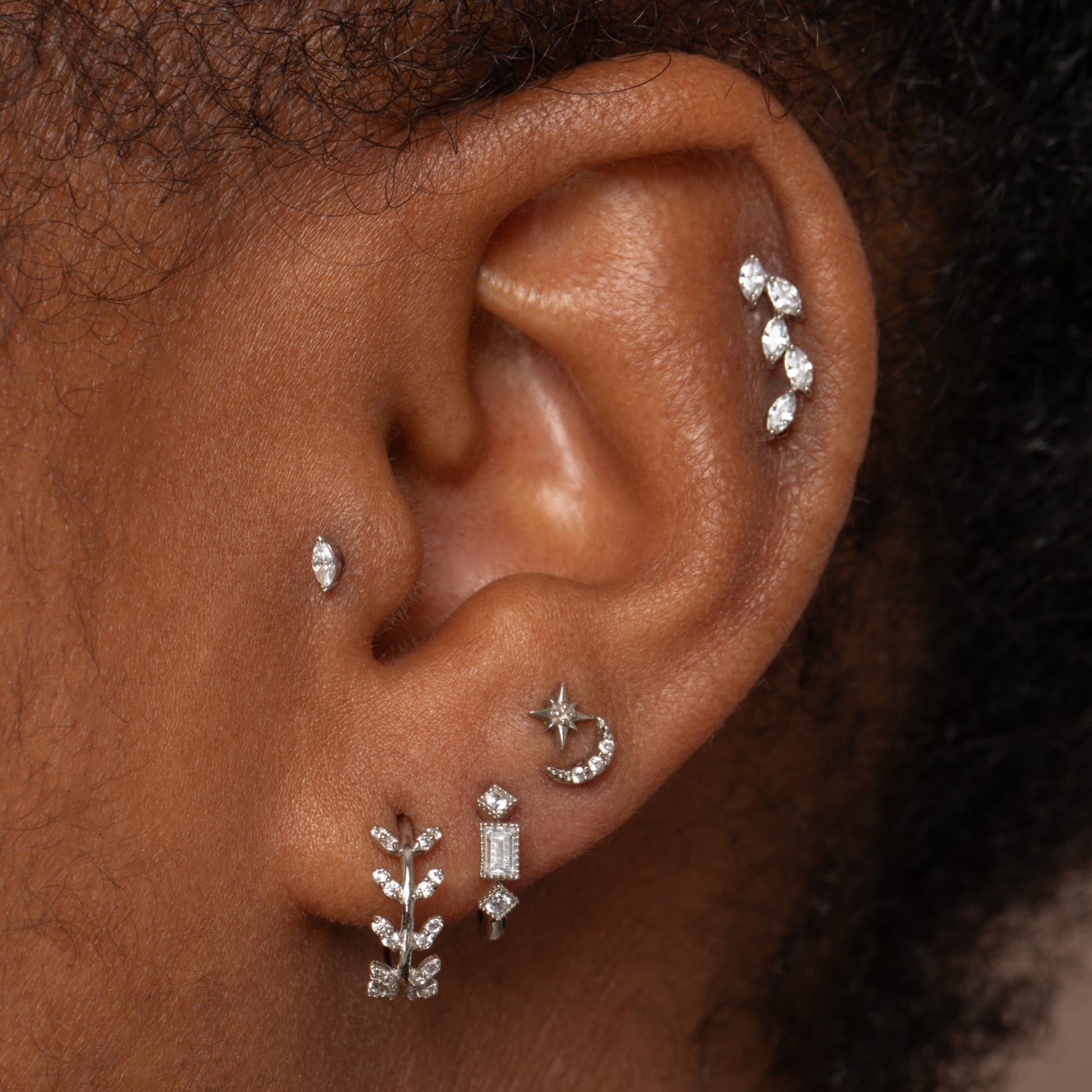 Laura Bond Jewellery 14k solid white gold crystal moon flat back labret stud earring 8mm Cartilage Studs