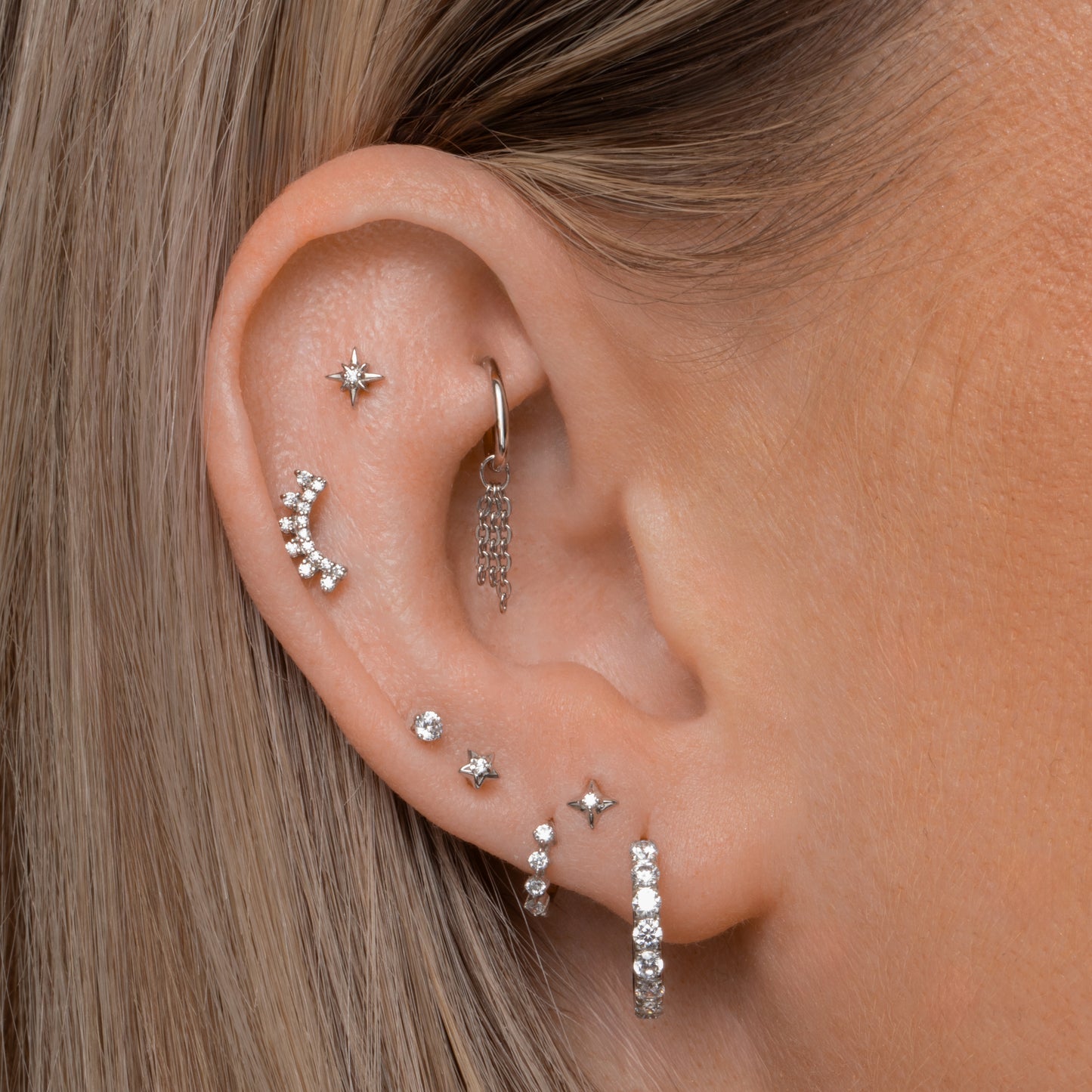 Laura Bond Jewellery Bold and Gold Edinburgh 14k solid white gold North Star flat back labret stud earring 8mm Cartilage Studs