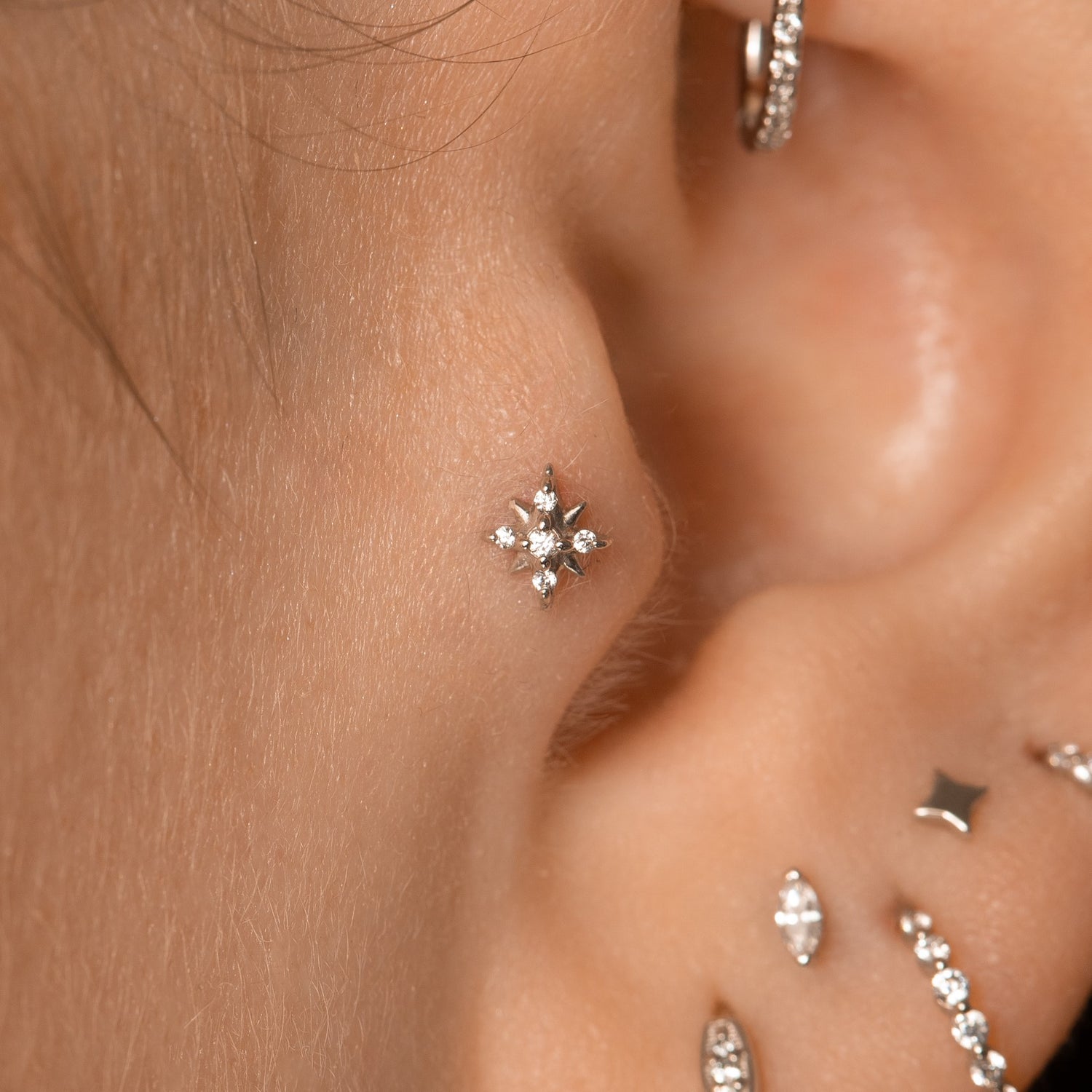Laura Bond Jewellery Bold and Gold Edinburgh 14k solid white gold Stella North Star flat back labret stud earring Cartilage Studs