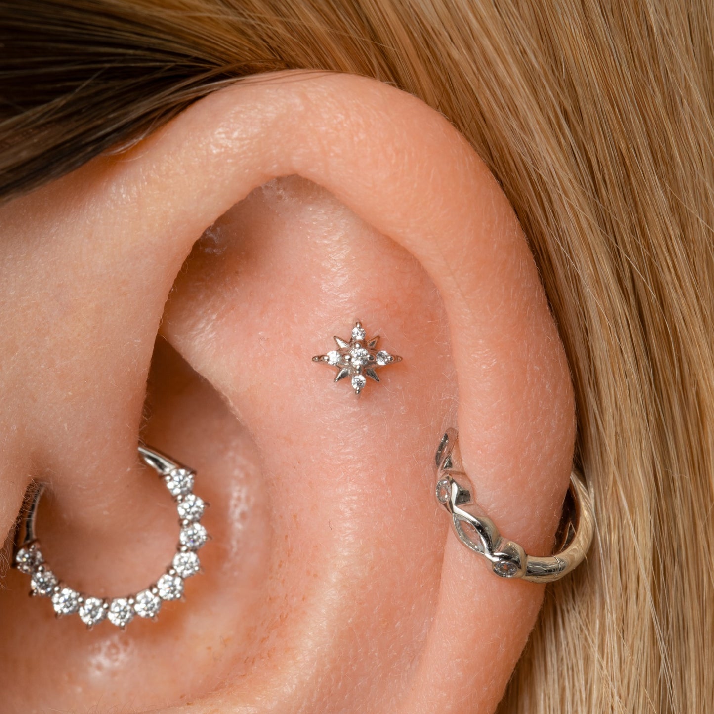 Laura Bond Jewellery 14k solid white gold Stella North Star flat back labret stud earring Cartilage Studs