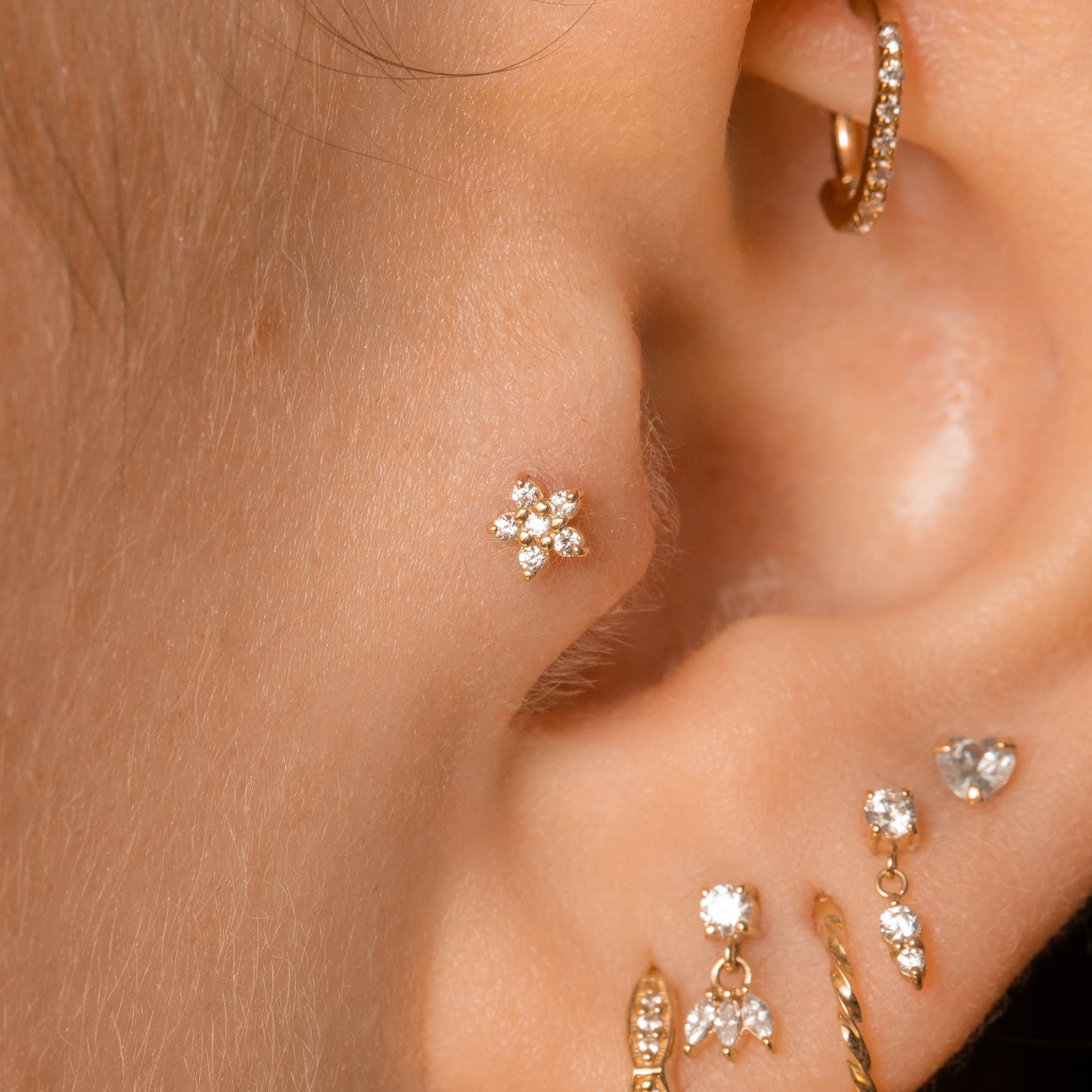 Laura Bond Jewellery 14k solid yellow gold dainty Daisy flat back labret stud earring Cartilage Studs
