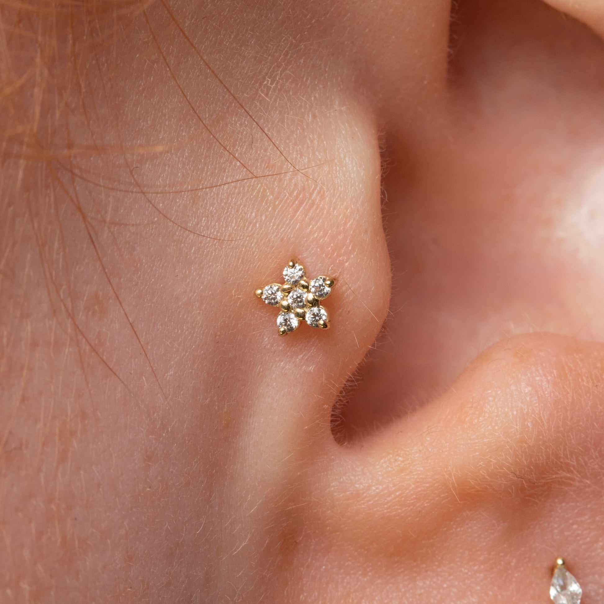 Laura Bond Jewellery 14k solid yellow gold dainty Daisy flat back labret stud earring Cartilage Studs