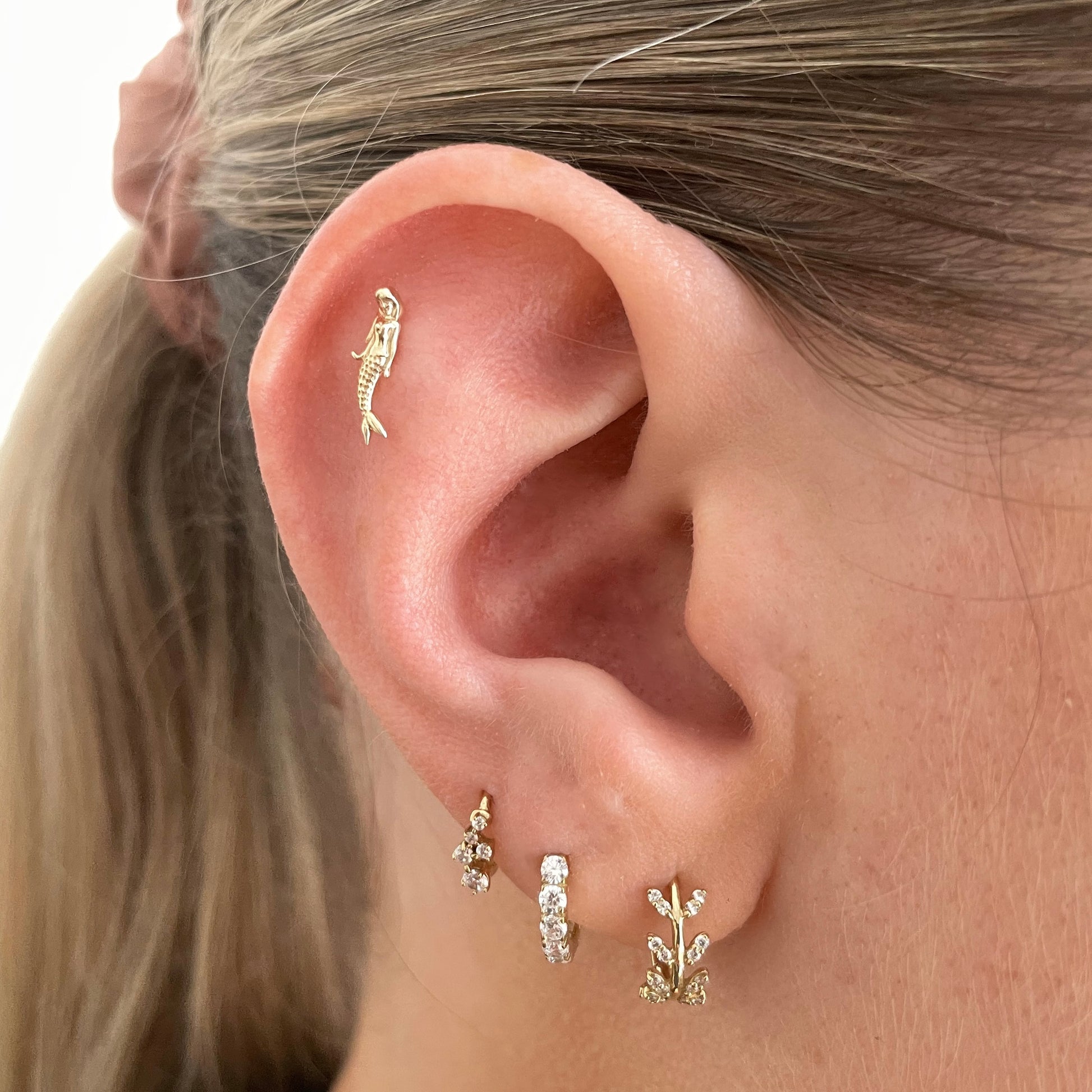 9k solid yellow gold mermaid flat back labret stud earring 6mm (right) Cartilage Studs Laura Bond Jewellery