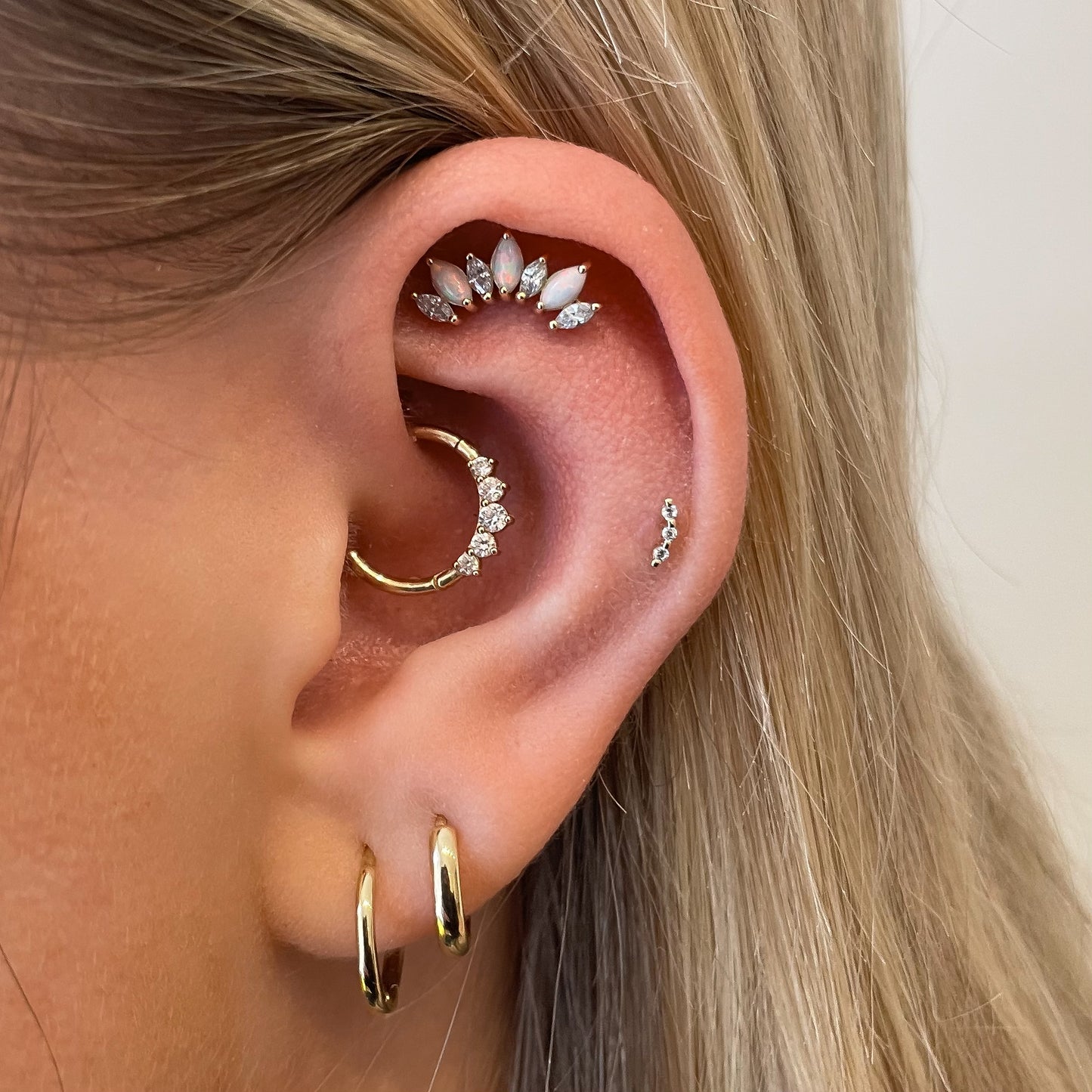 astrid miyu maria tash 14k solid yellow gold opal marquise Titania's Crown flat back labret stud earring 8mm Cartilage Studs Laura Bond