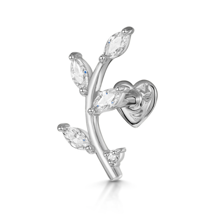 14K solid white gold vine garland flat back climber stud earring 8mm