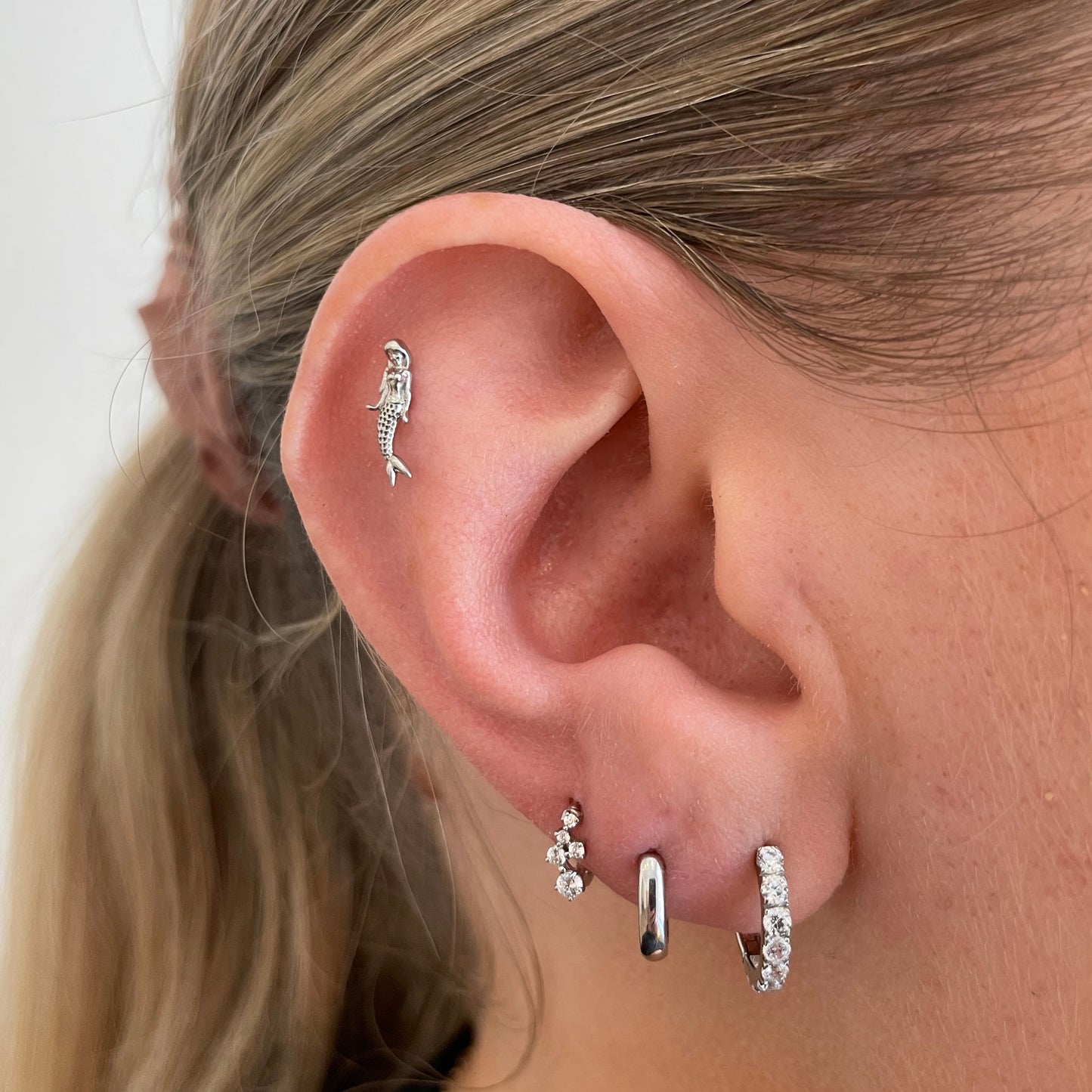 9k solid white gold mermaid flat back labret stud earring 6mm (right) Cartilage Studs Laura Bond Jewellery
